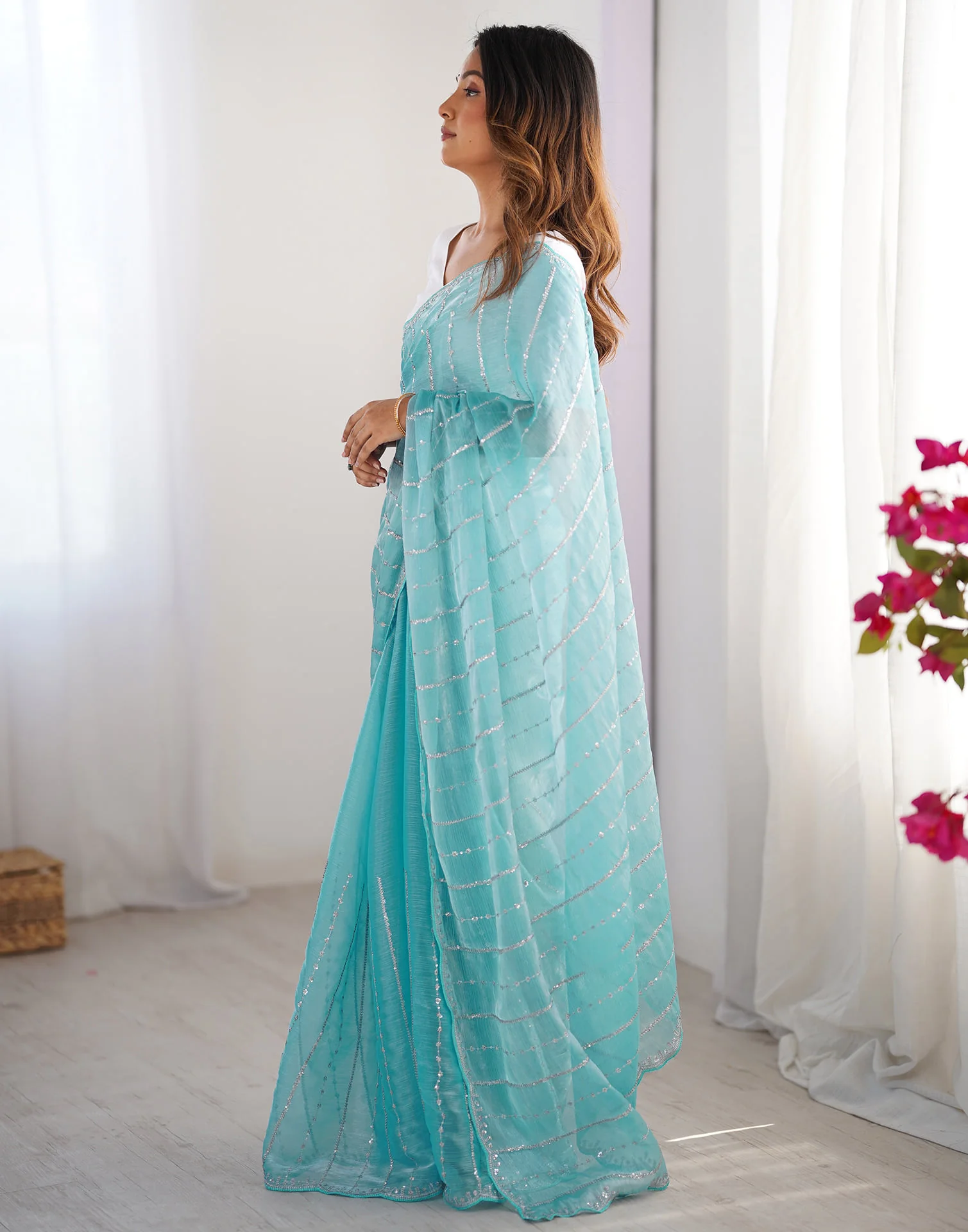 Aqua Blue Shimmer Sequence Embroidery Saree - Image 7