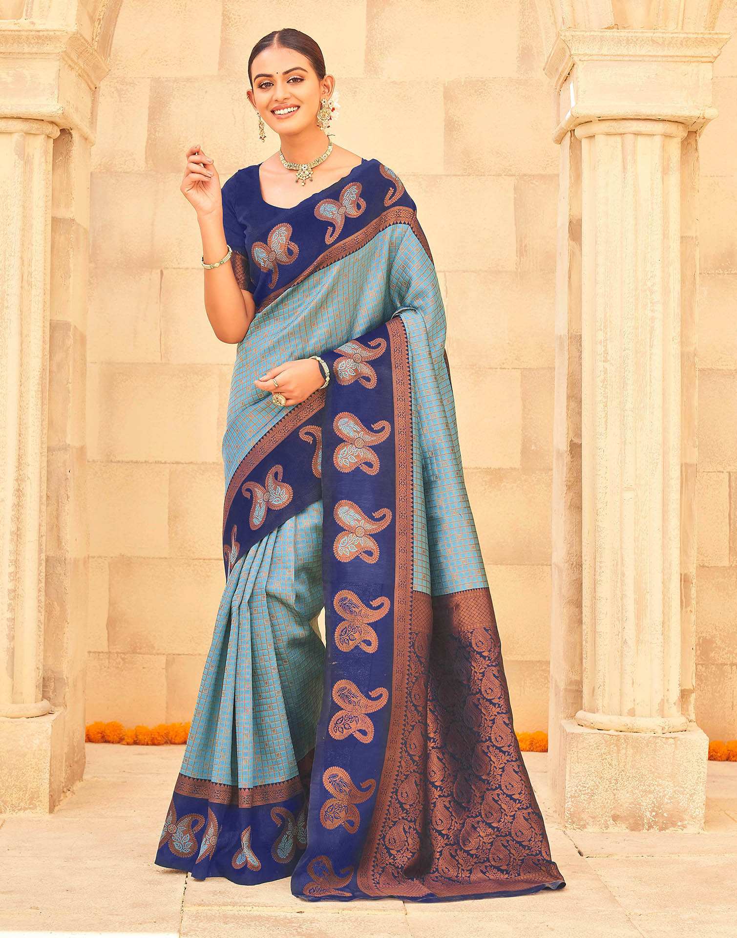 Aqua Blue Silk Woven Banarasi Saree