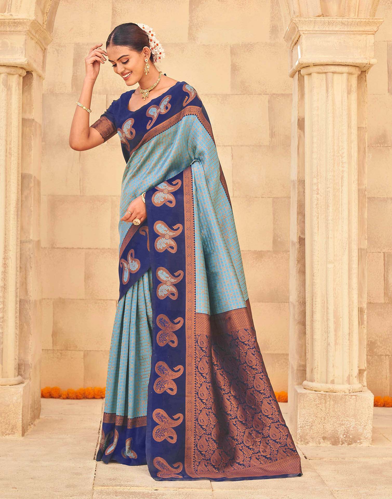 Aqua Blue Silk Woven Banarasi Saree - Image 4