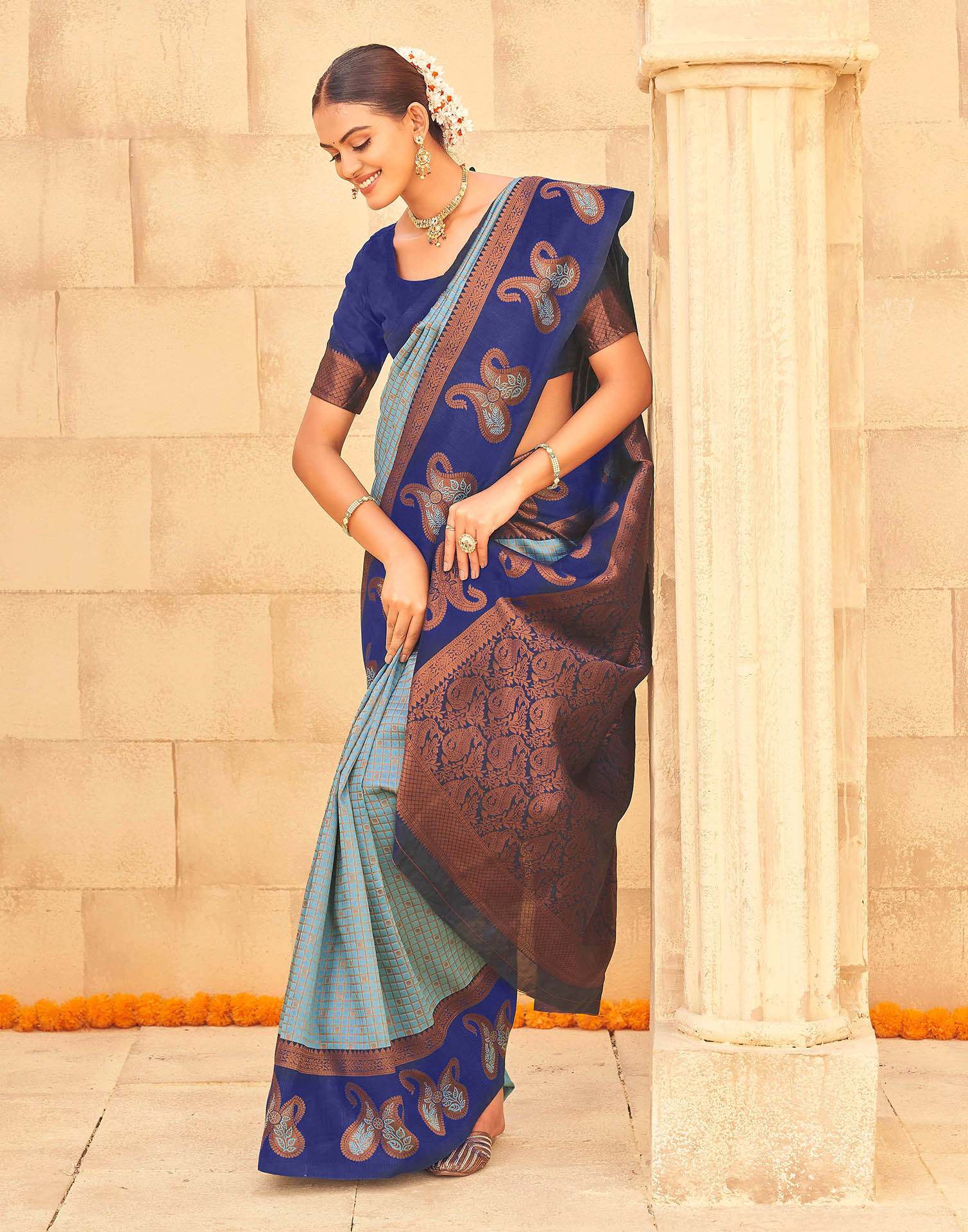 Aqua Blue Silk Woven Banarasi Saree - Image 5