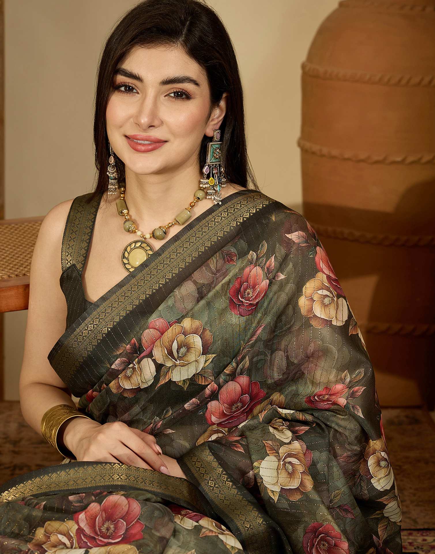 Army Green Silk Floral Printed Saree - Image 2