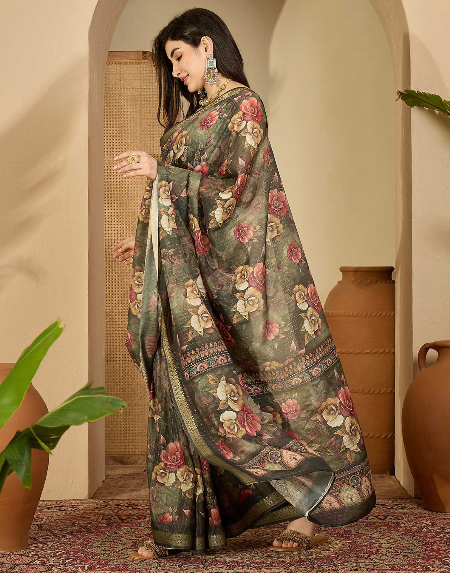 Army Green Silk Floral Printed Saree - Image 4