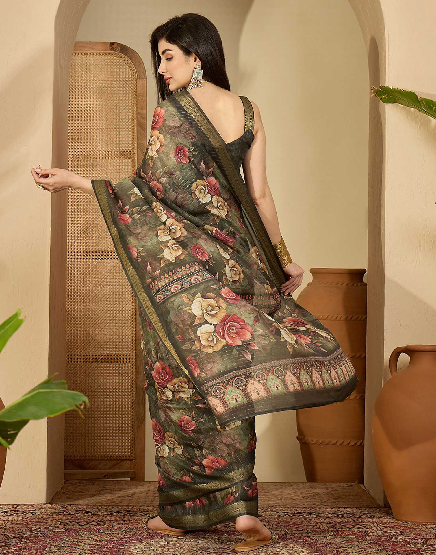 Army Green Silk Floral Printed Saree - Image 6