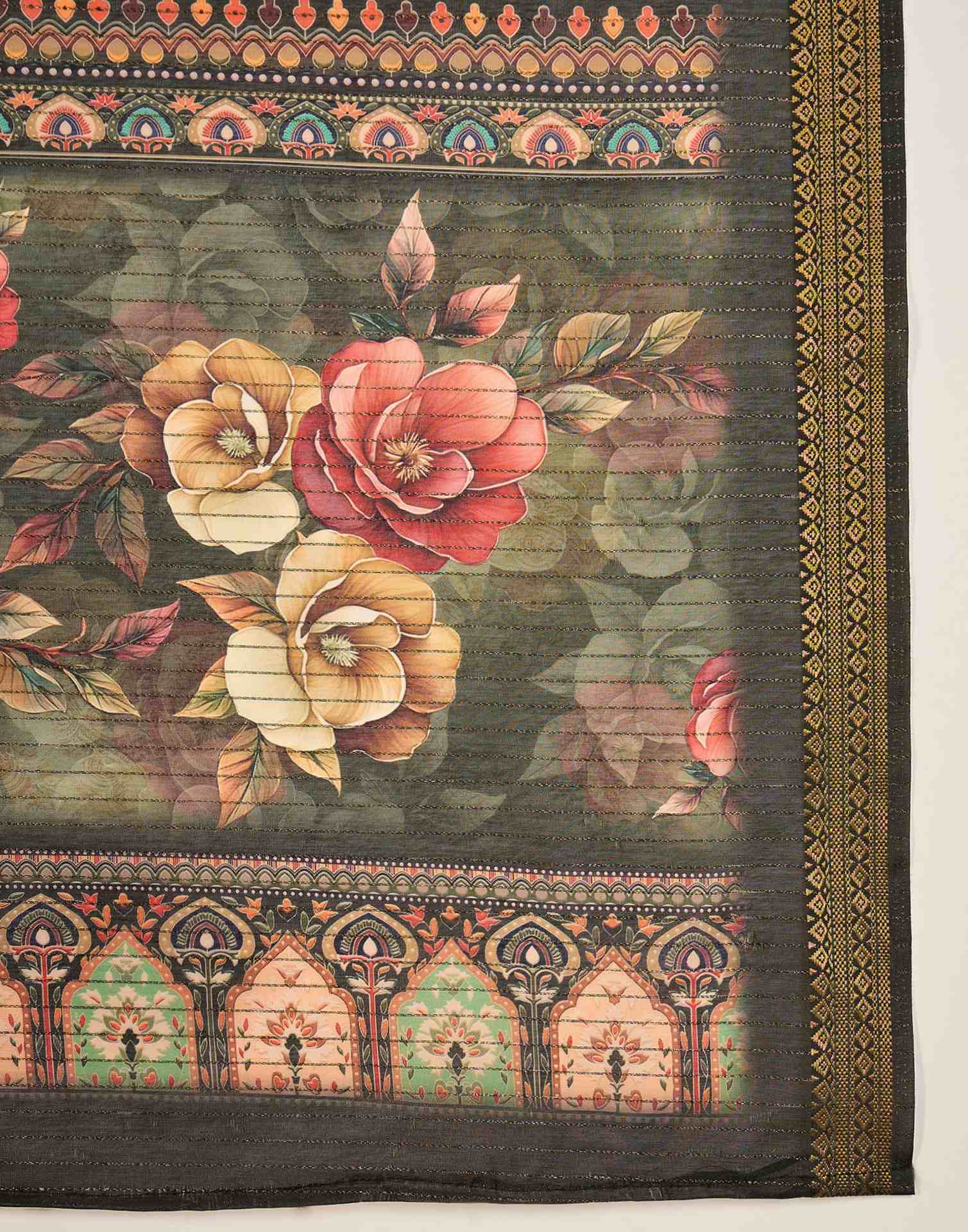 Army Green Silk Floral Printed Saree - Image 8