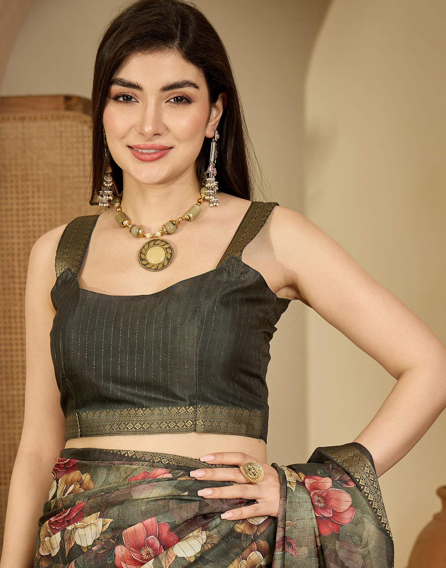 Army Green Silk Floral Printed Saree - Image 9