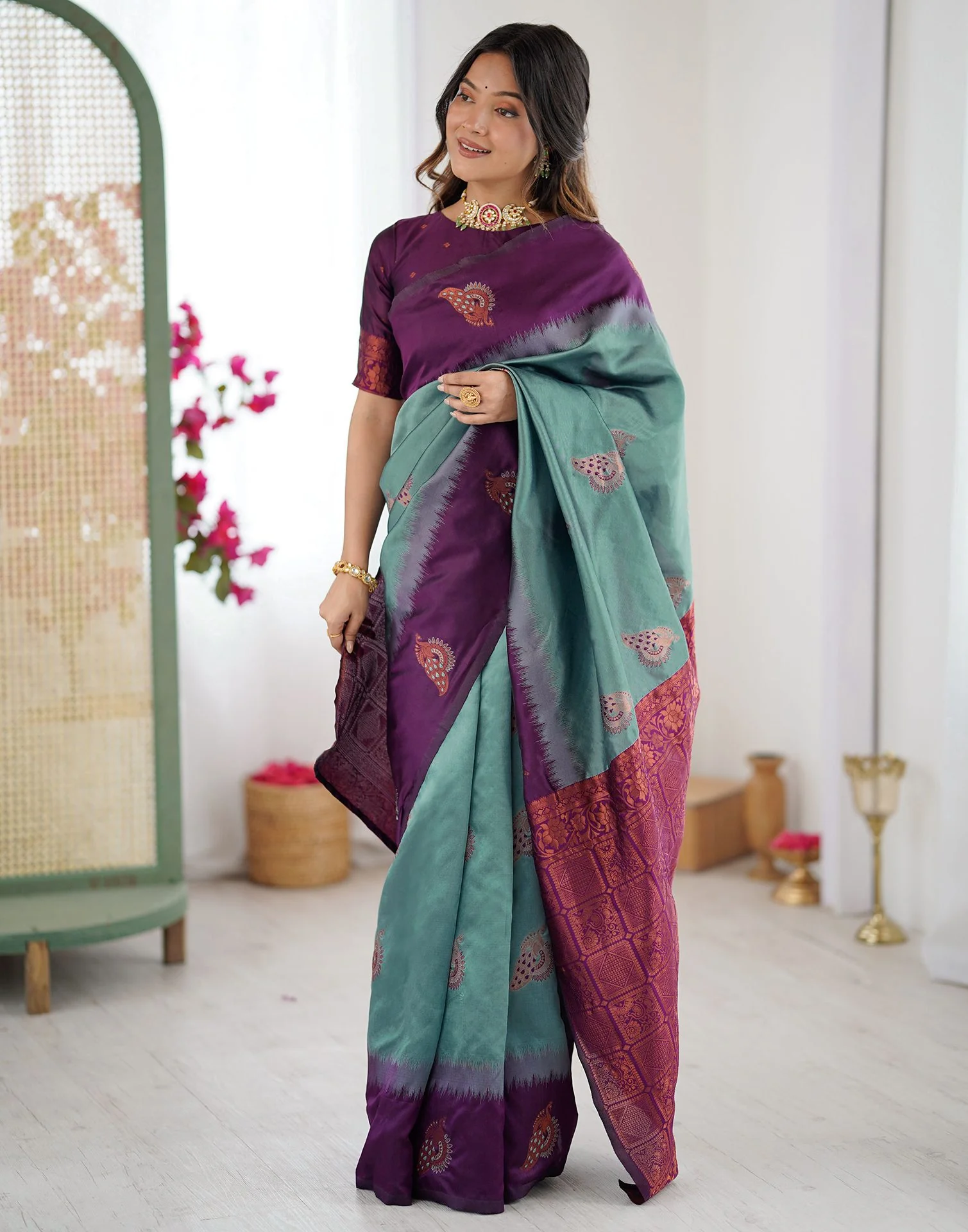 Ash Grey Silk Woven Saree - Image 6