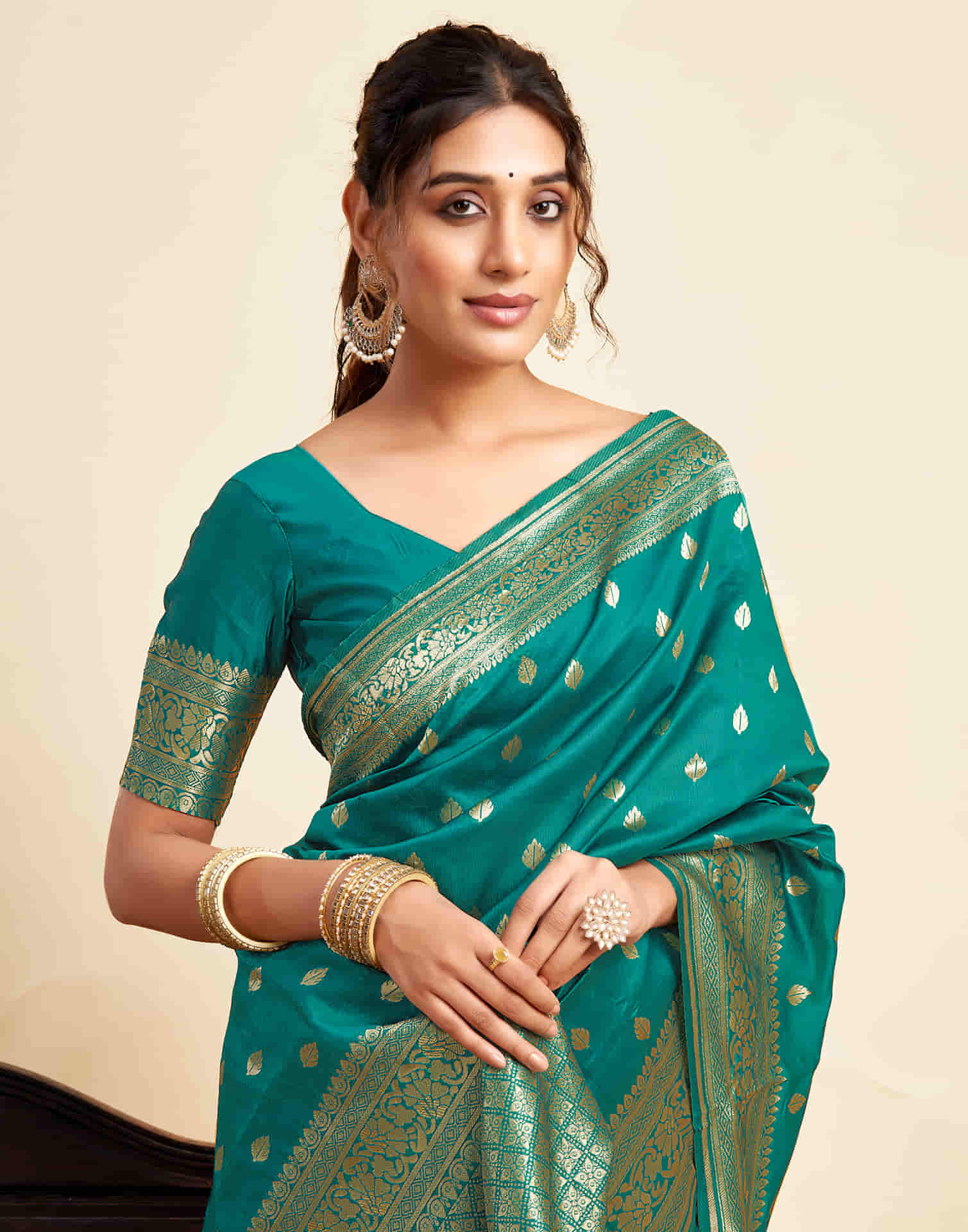 Teal Green Silk Woven Banarasi Saree - Image 2