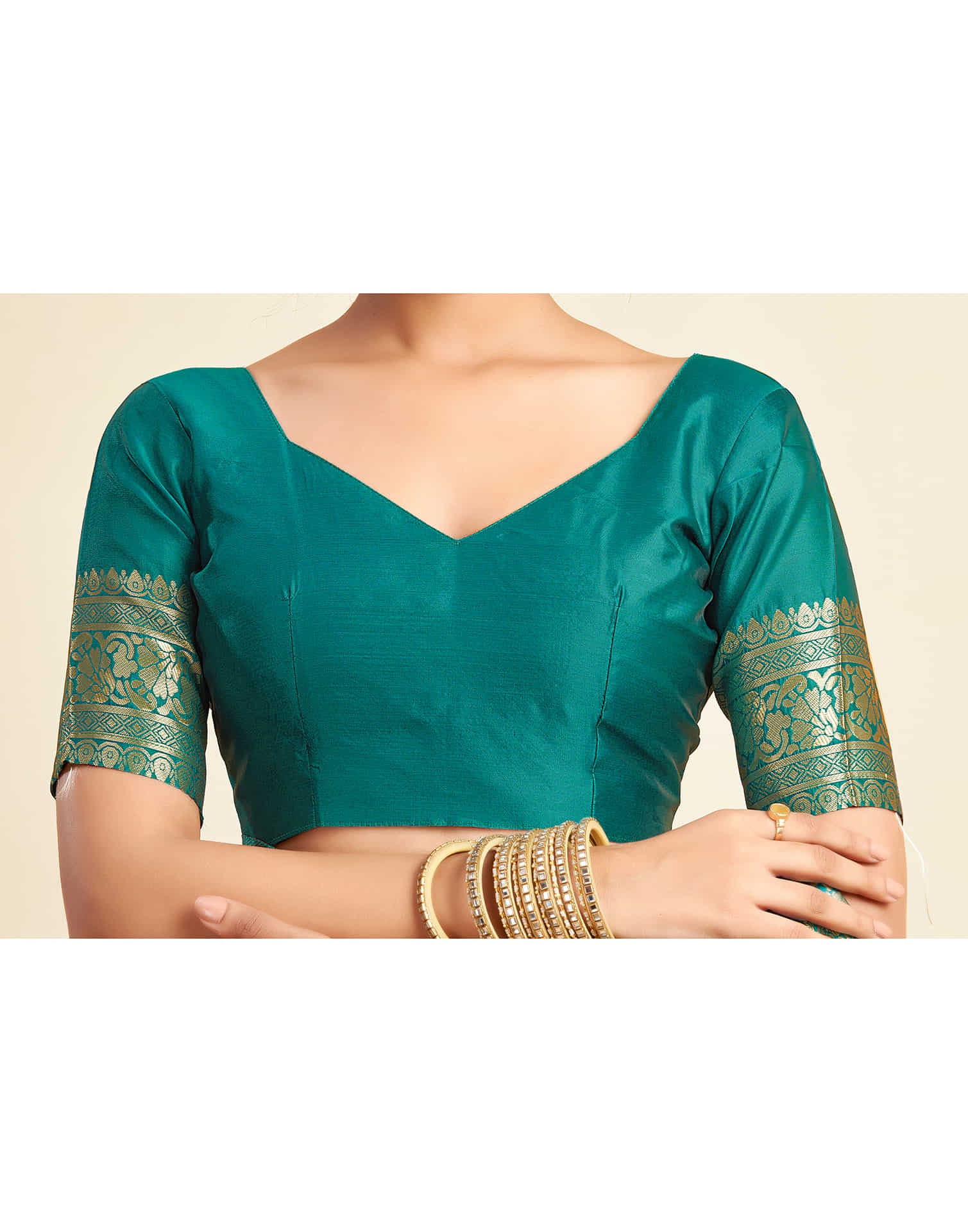 Teal Green Silk Woven Banarasi Saree - Image 8