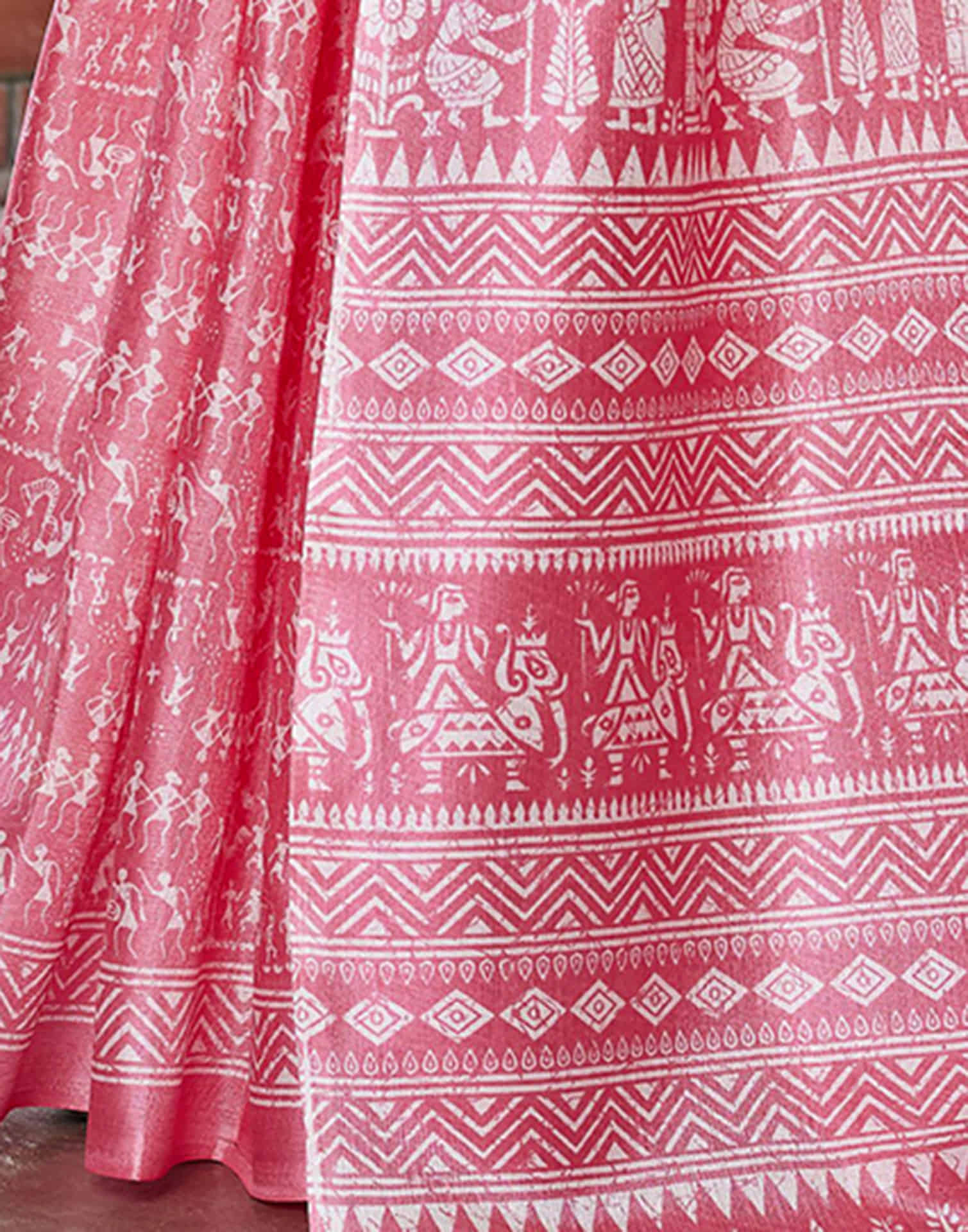 Baby Pink Cotton Blend Warli Printed Saree - Image 10