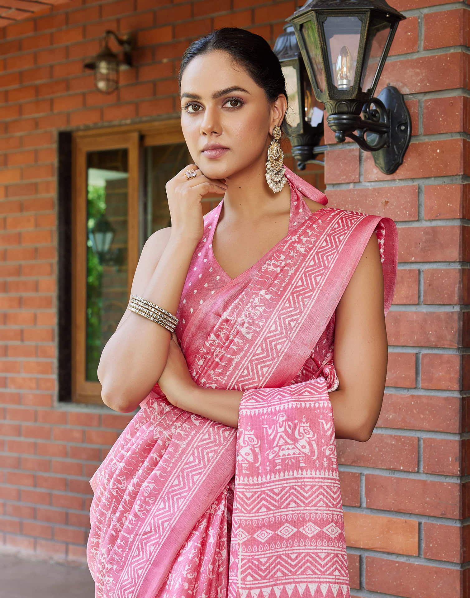 Baby Pink Cotton Blend Warli Printed Saree - Image 2