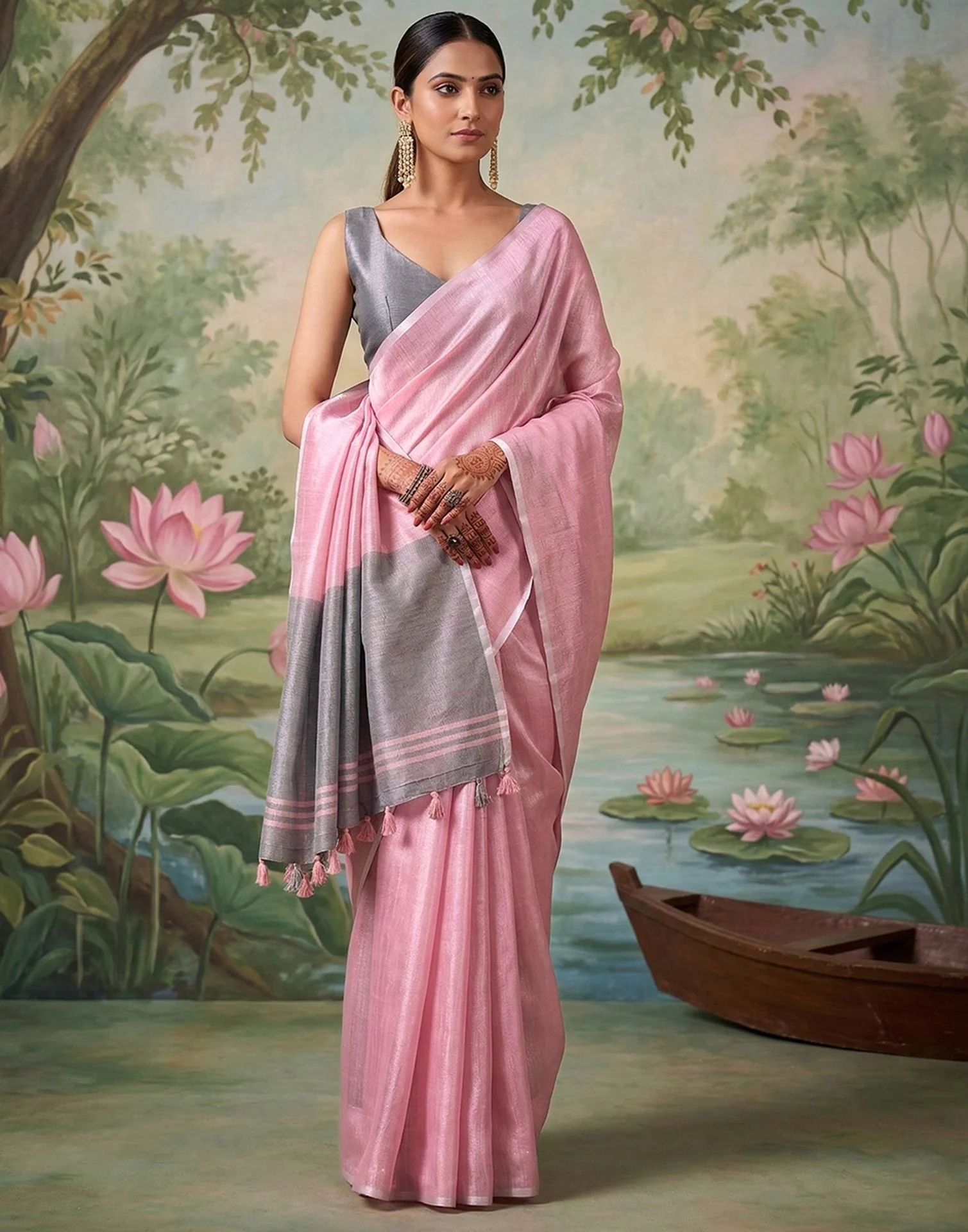 Baby Pink Cotton Silk Tassels Woven Saree