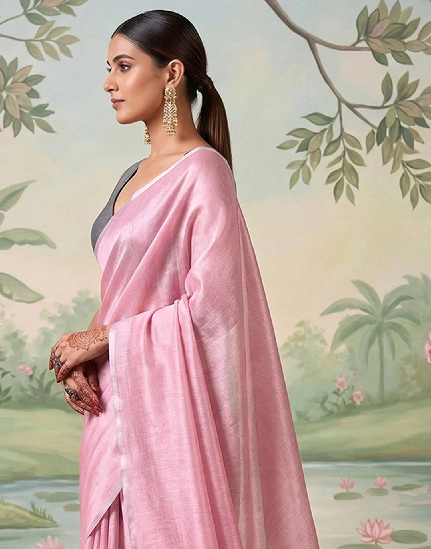 Baby Pink Cotton Silk Tassels Woven Saree - Image 2