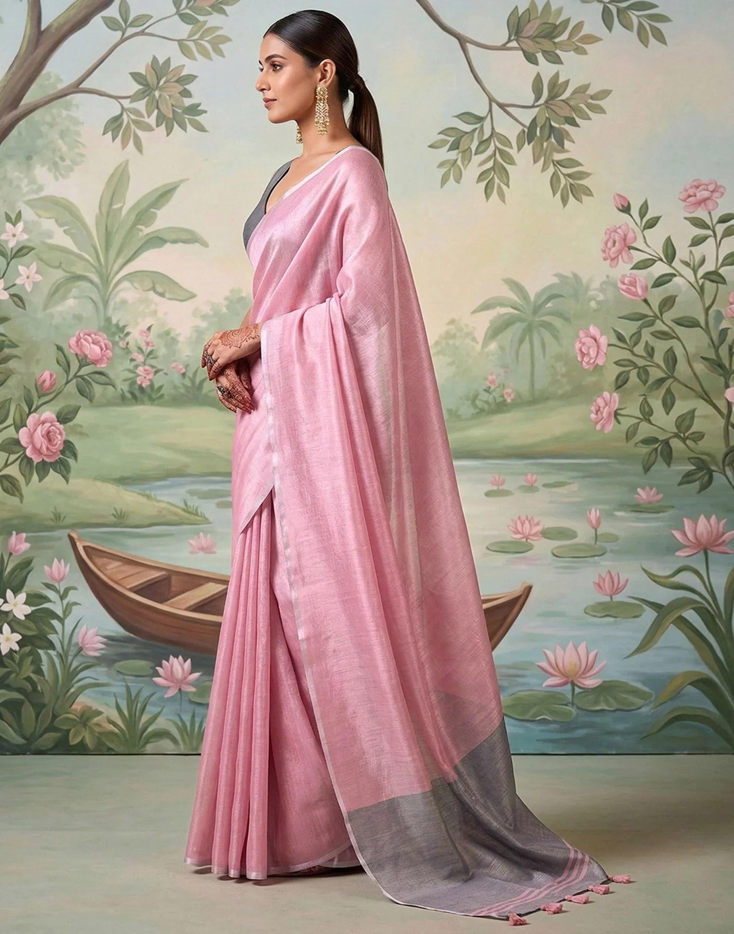 Baby Pink Cotton Silk Tassels Woven Saree - Image 4