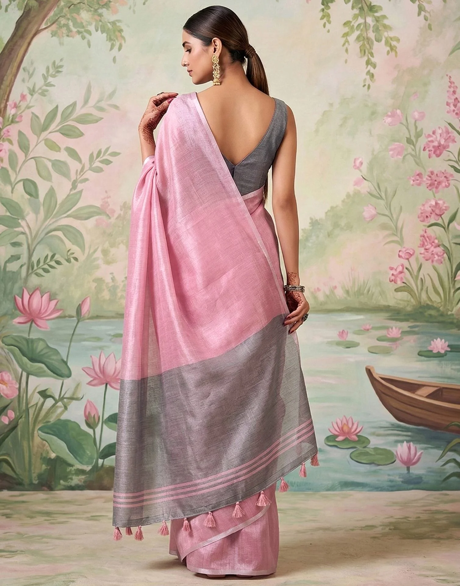 Baby Pink Cotton Silk Tassels Woven Saree - Image 5