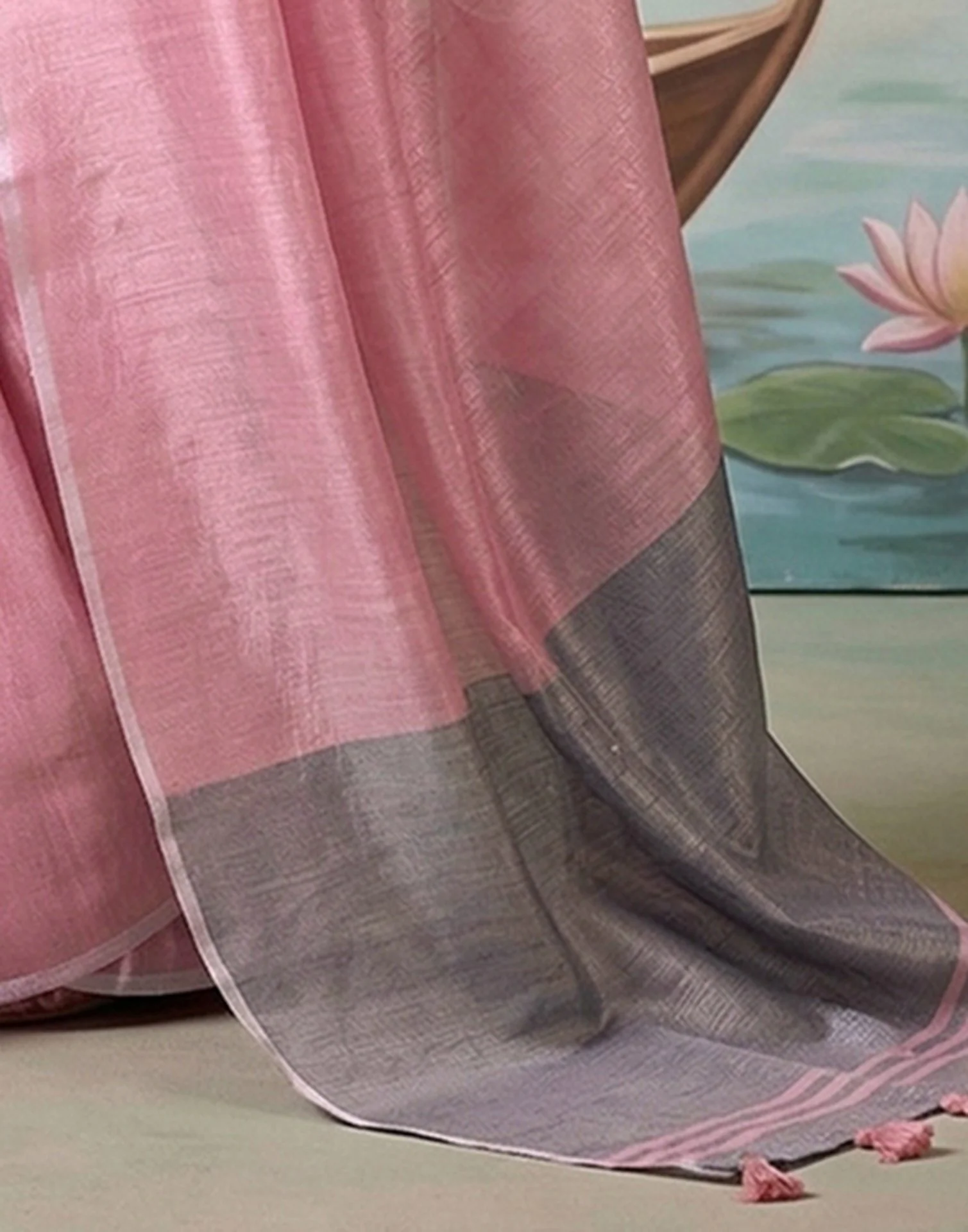 Baby Pink Cotton Silk Tassels Woven Saree - Image 6