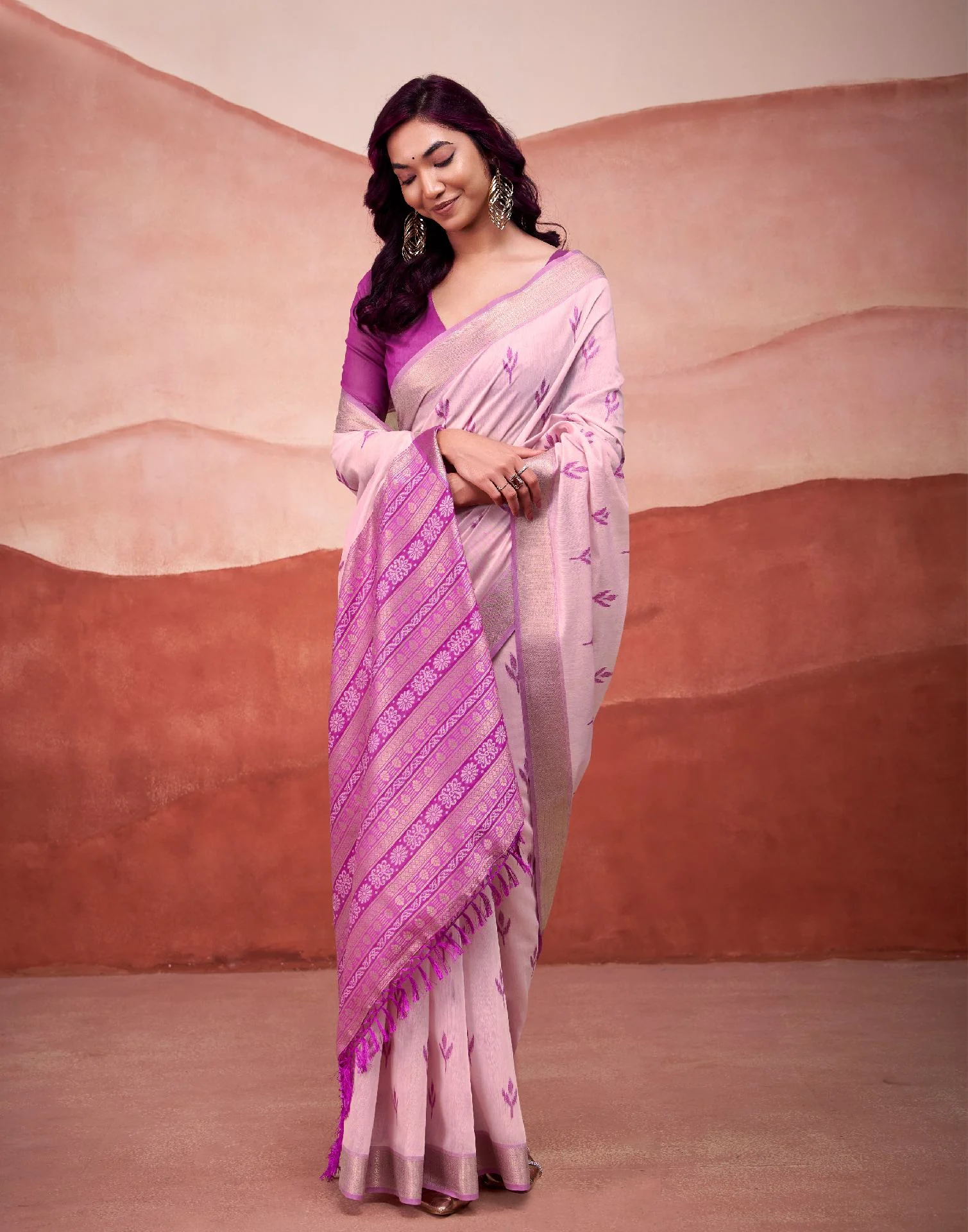 Baby Pink Cotton Woven Printed Saree - Image 5