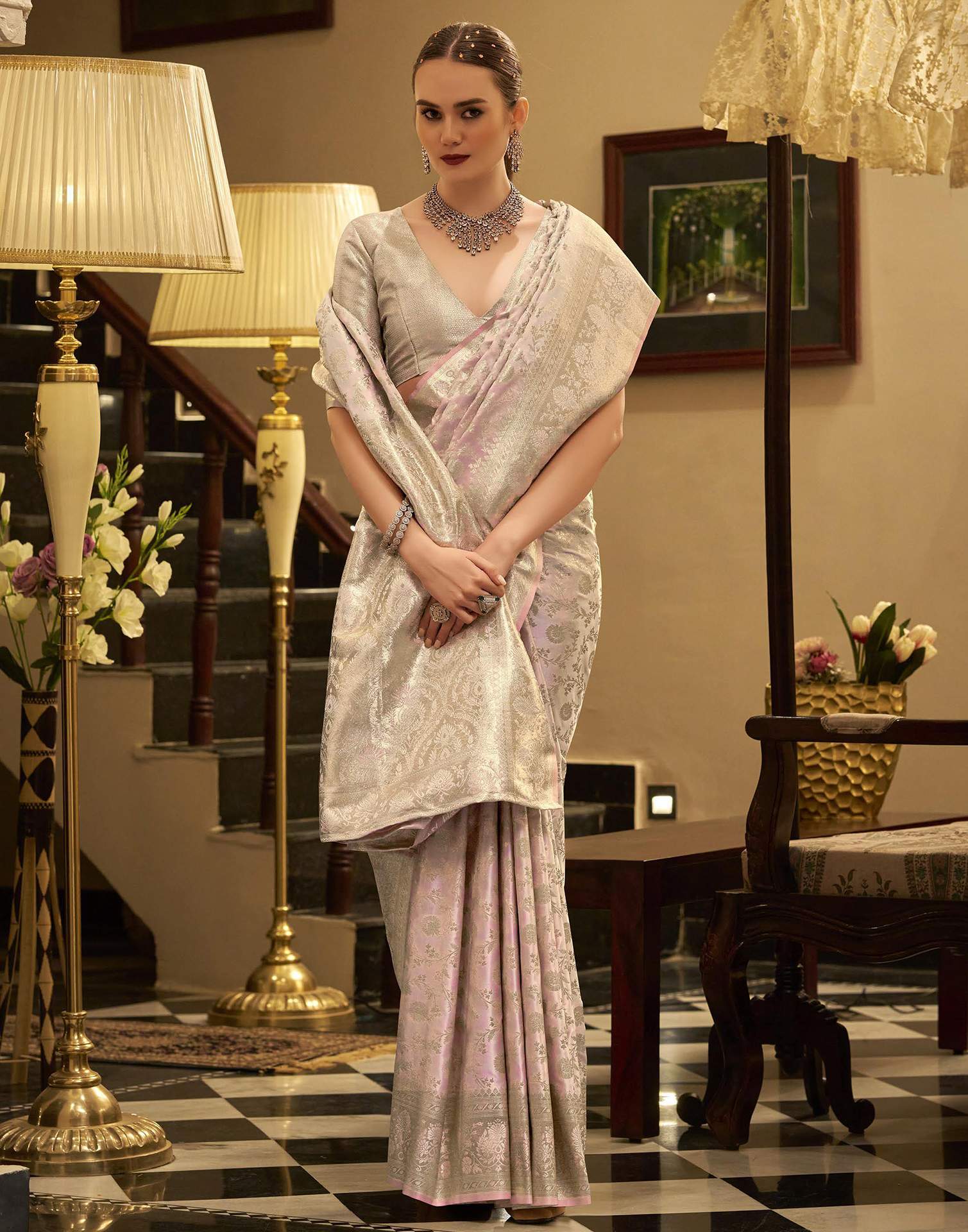 Baby Pink Satin Woven Banarasi Saree - Image 4