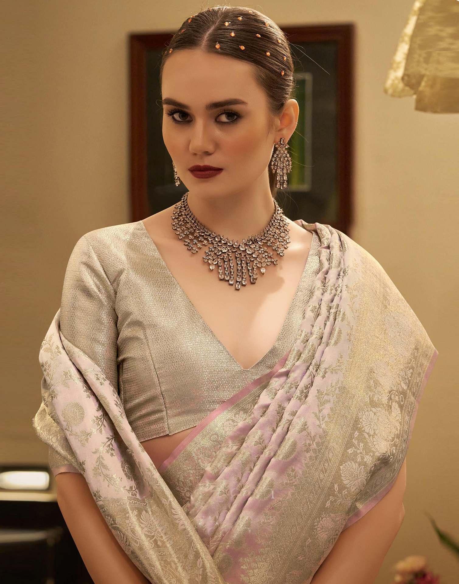 Baby Pink Satin Woven Banarasi Saree - Image 5