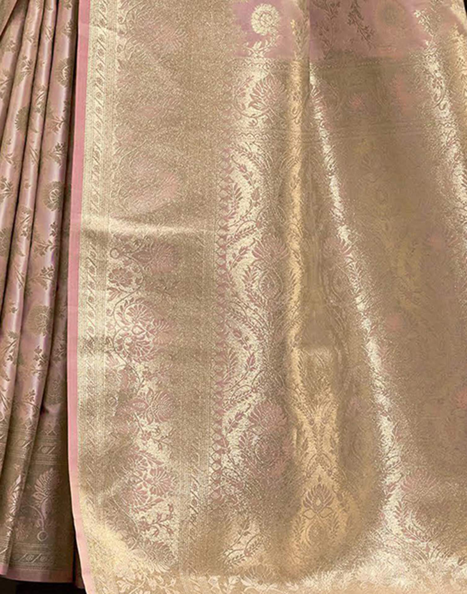 Baby Pink Satin Woven Banarasi Saree - Image 6