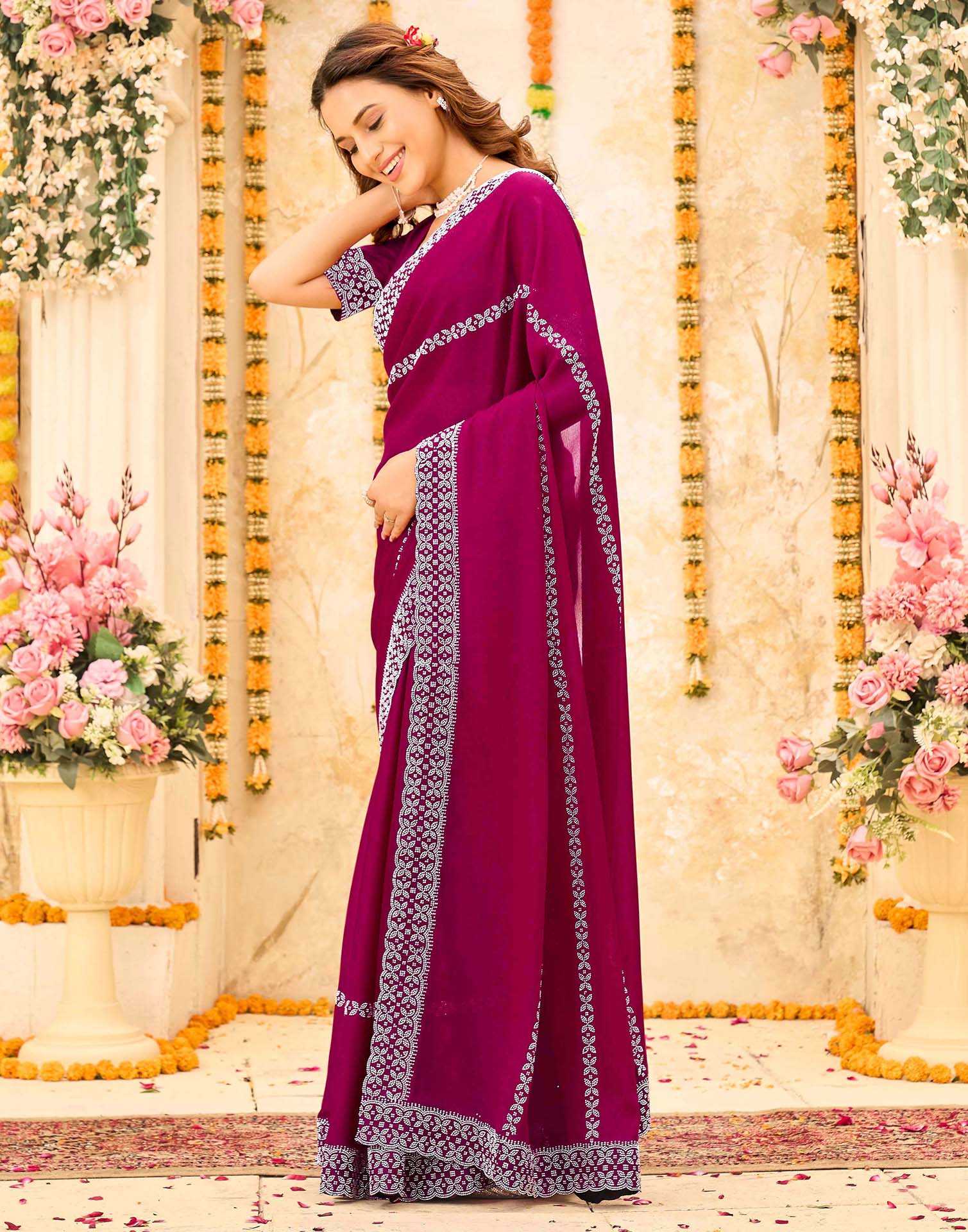Rani Pink Shimmer Stone Work Swarovski Saree - Image 4