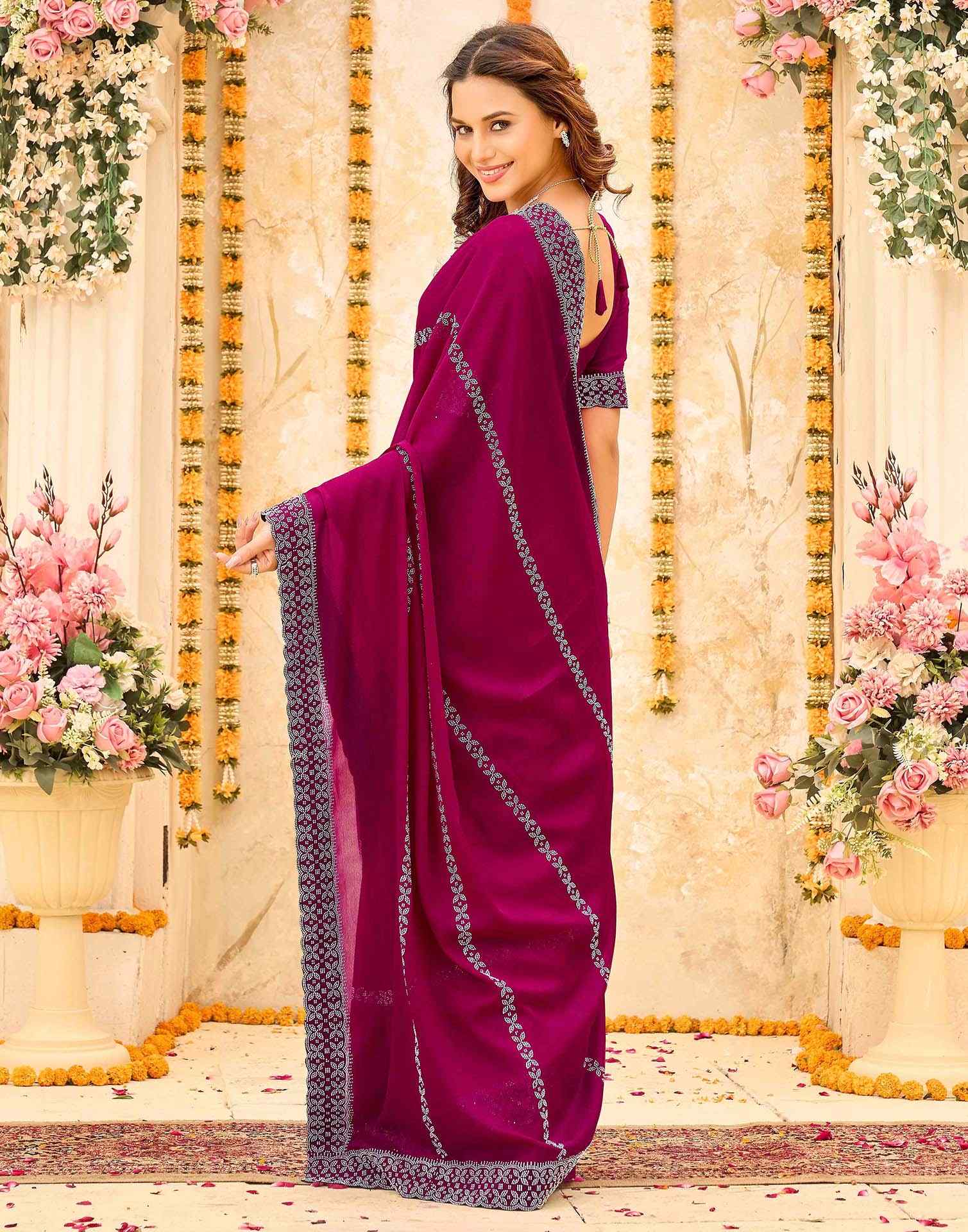 Rani Pink Shimmer Stone Work Swarovski Saree - Image 6