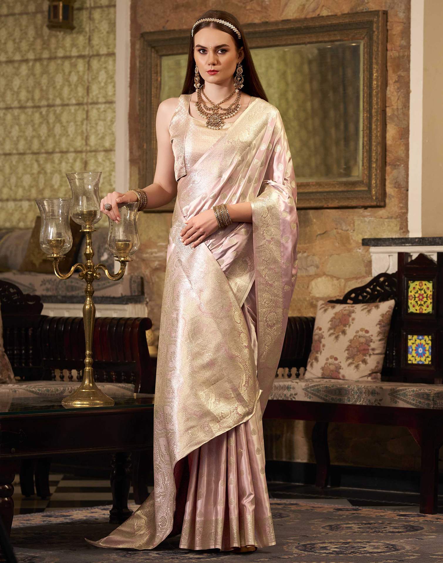 Baby Pink Silk Woven Banarasi Saree - Image 4