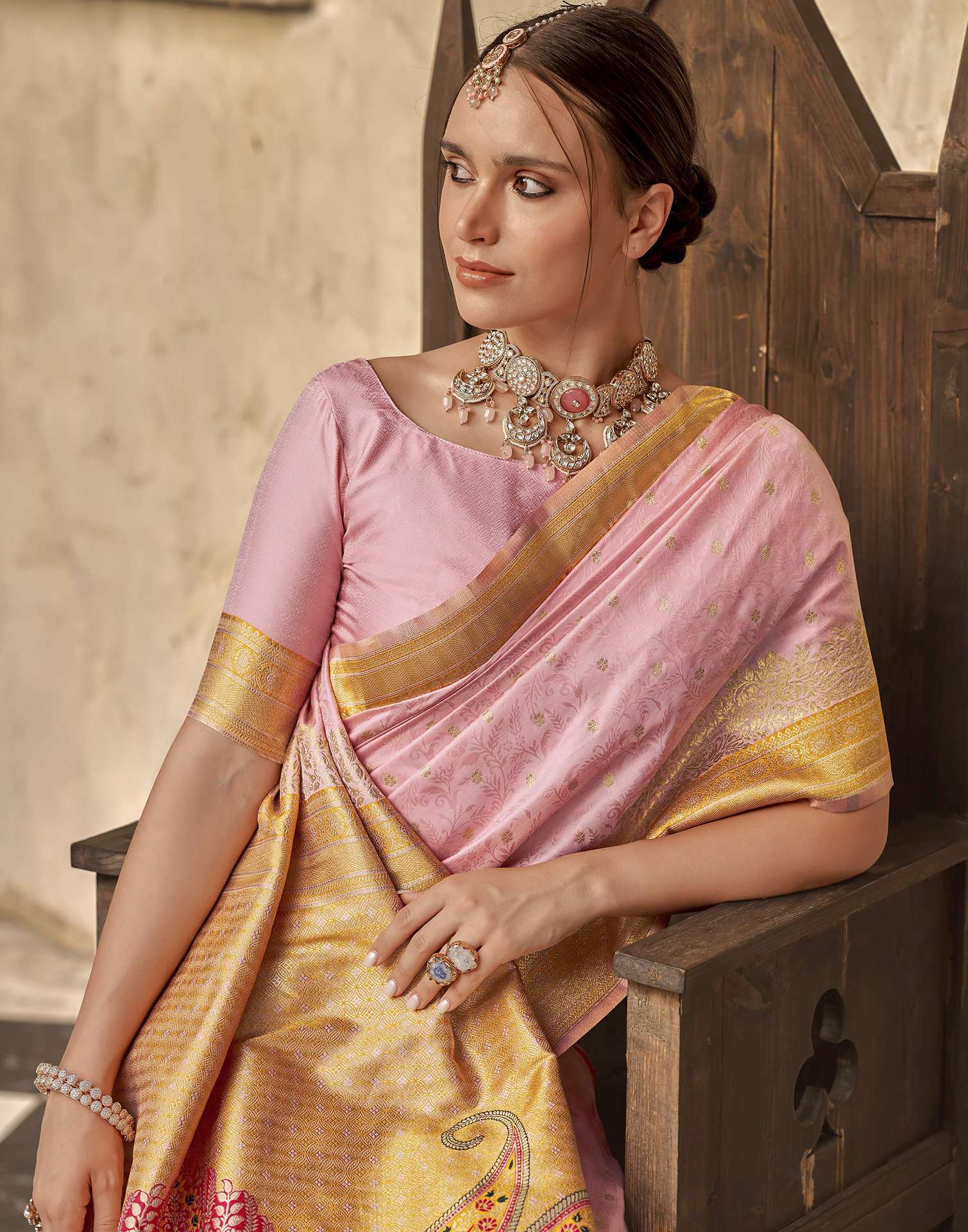 Baby Pink Silk Woven Banarasi Saree - Image 2