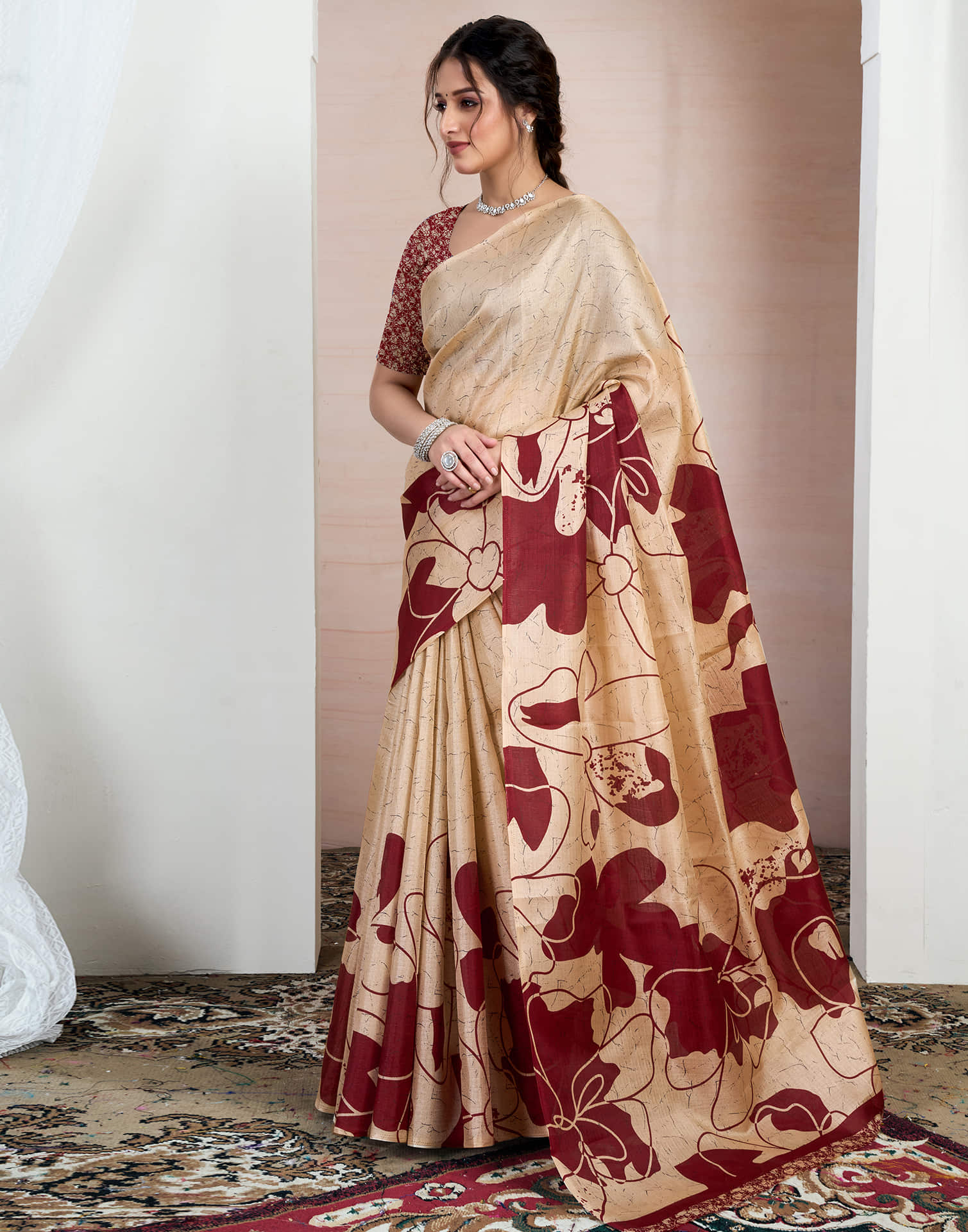 Beige Bhagalpuri Silk Printed Saree - Image 4