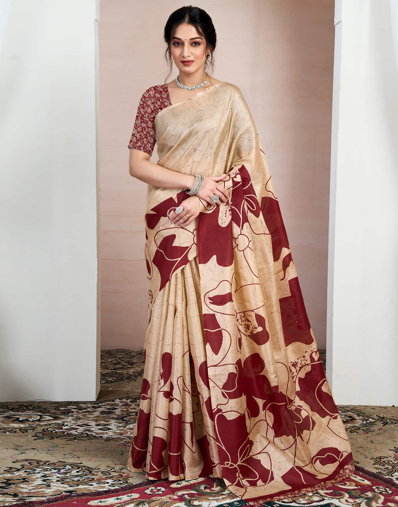 Beige Bhagalpuri Silk Printed Saree - Image 5