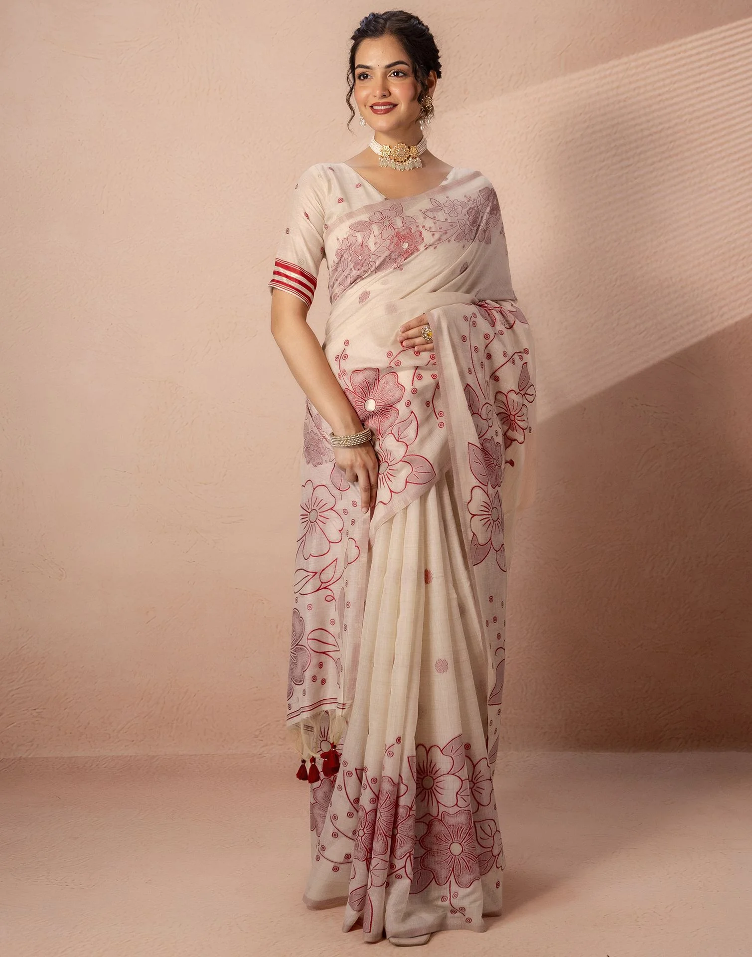 Beige Chanderi Cotton Woven Saree - Image 6