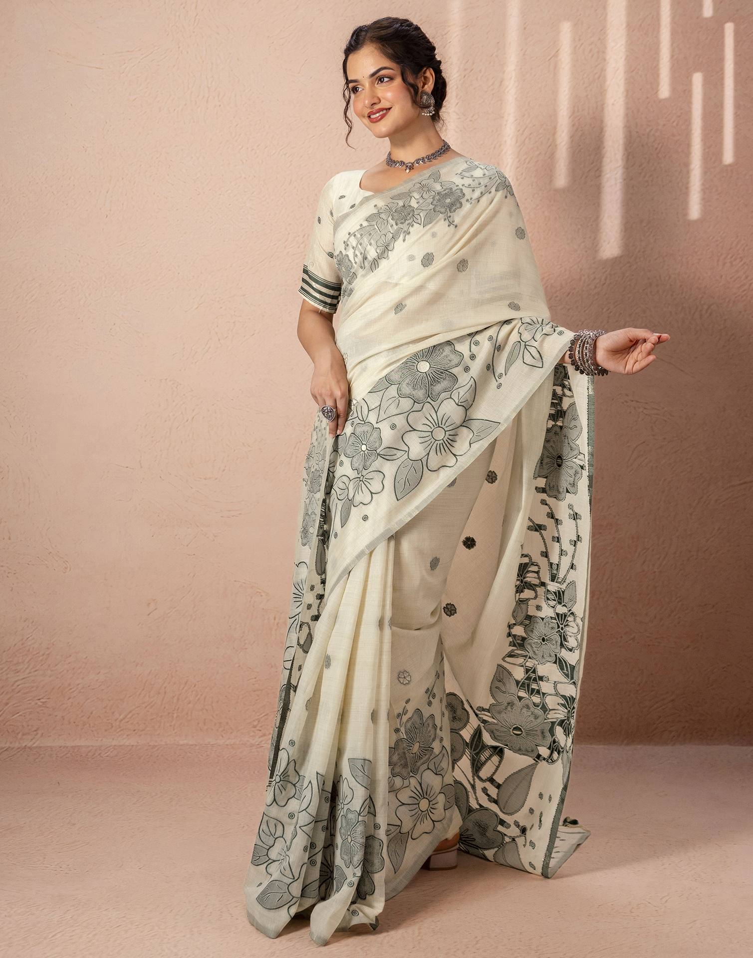 Beige Chanderi Cotton Woven Saree - Image 6