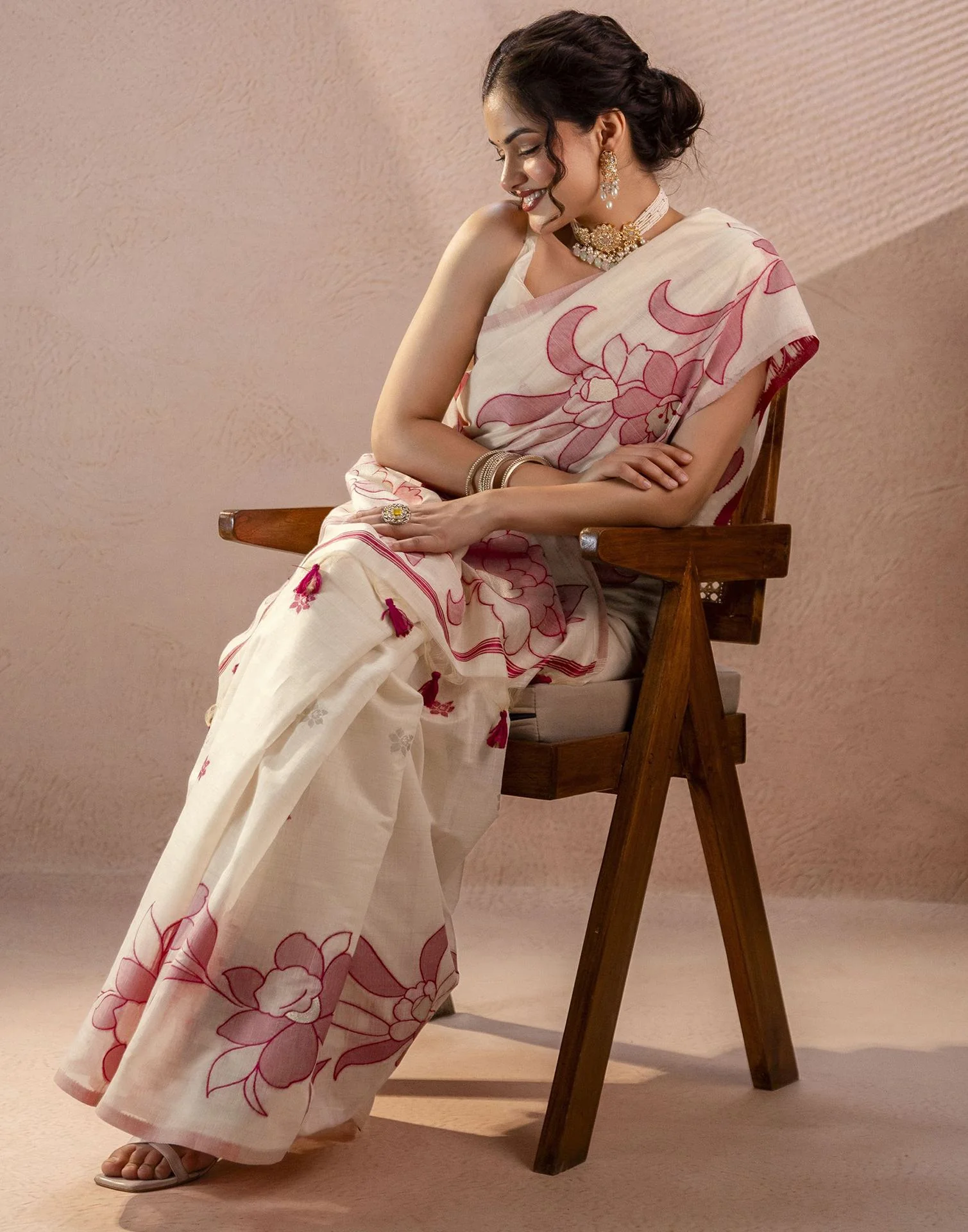 Beige Chanderi Cotton Woven Saree - Image 12
