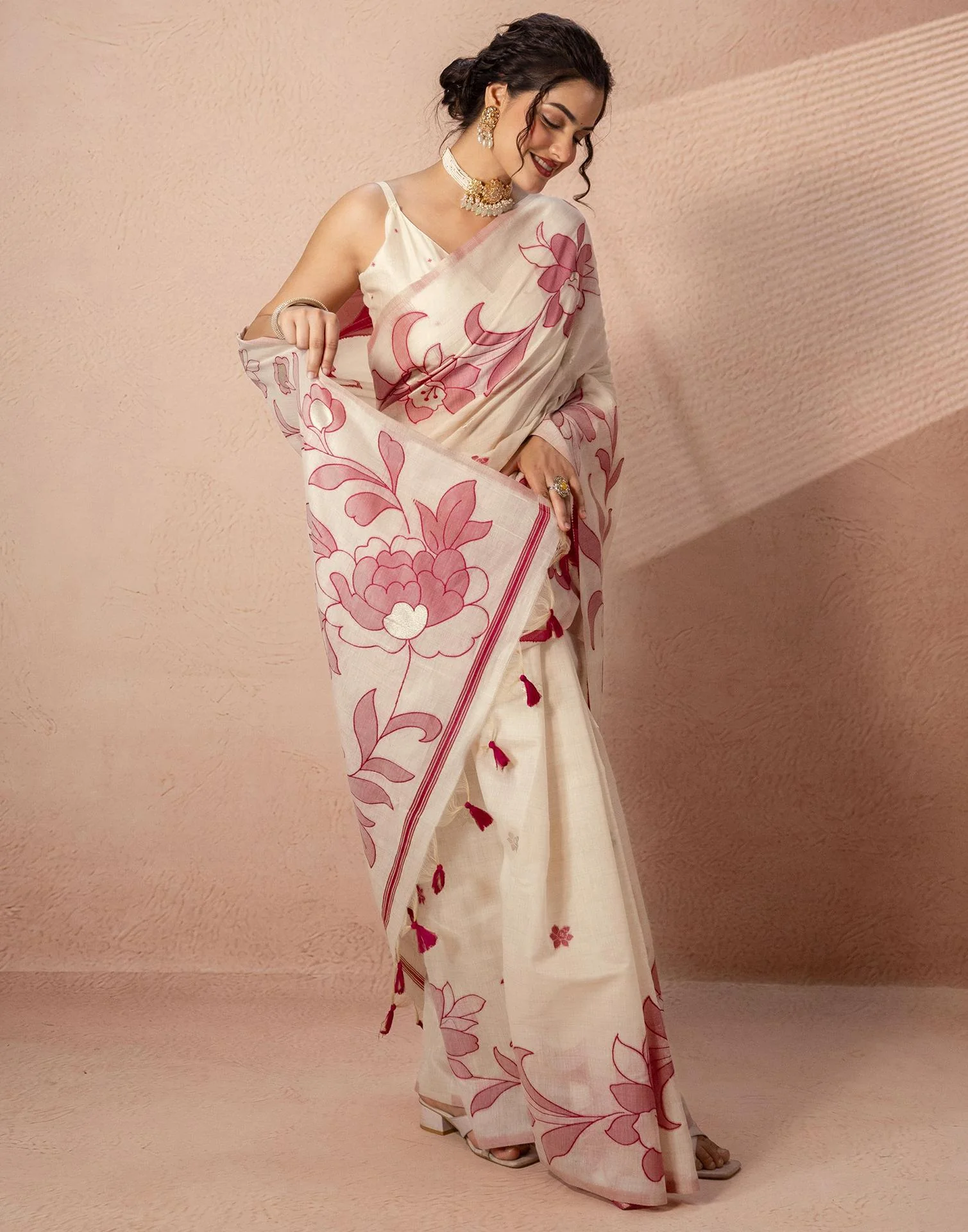 Beige Chanderi Cotton Woven Saree - Image 6