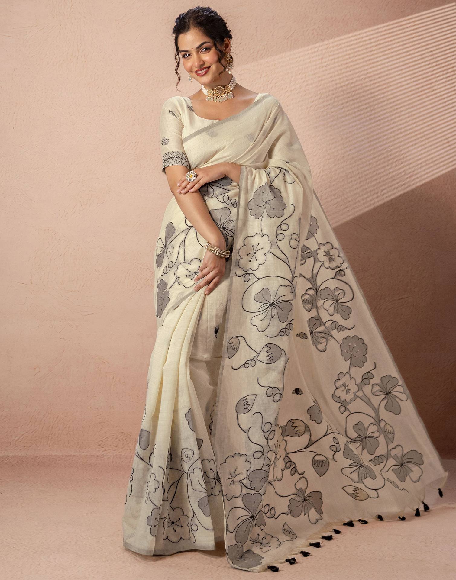 Beige Chanderi Cotton Woven Saree - Image 2
