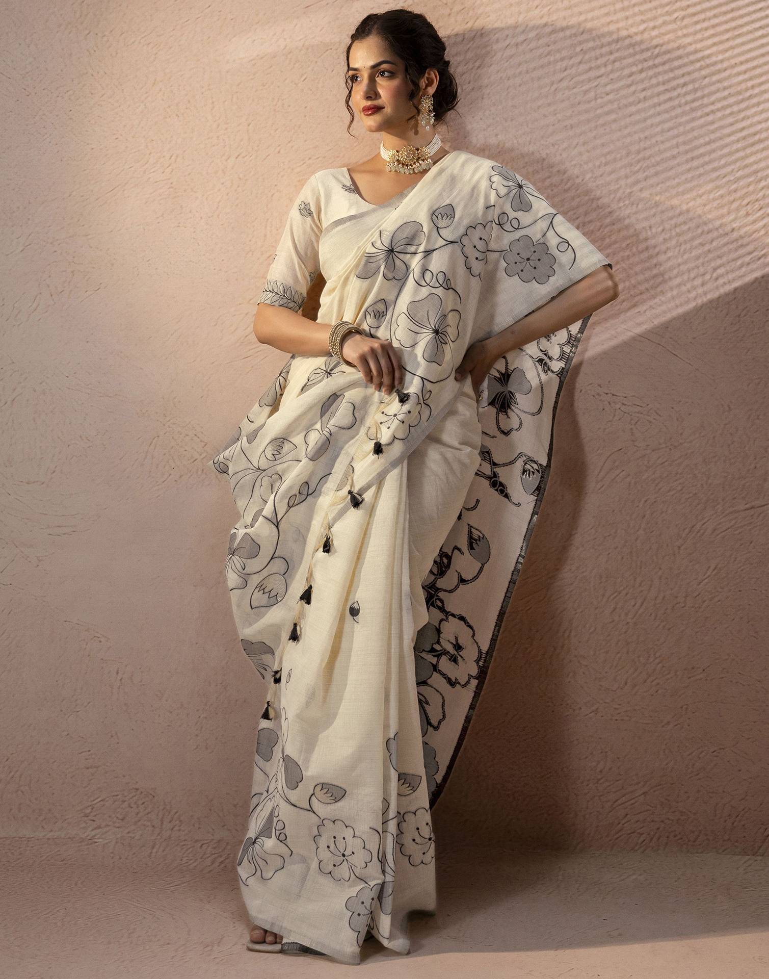 Beige Chanderi Cotton Woven Saree - Image 9