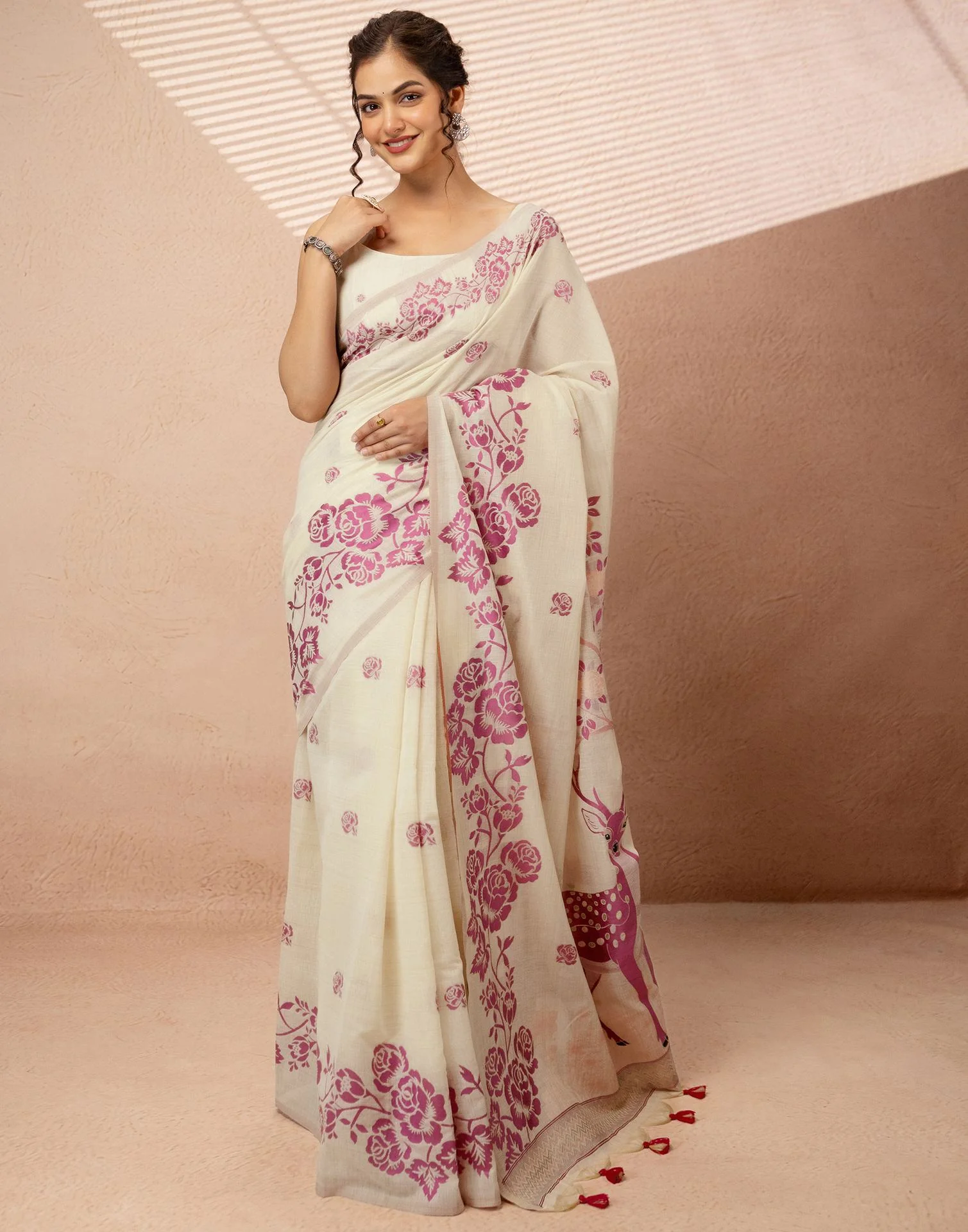Beige Chanderi Cotton Woven Saree