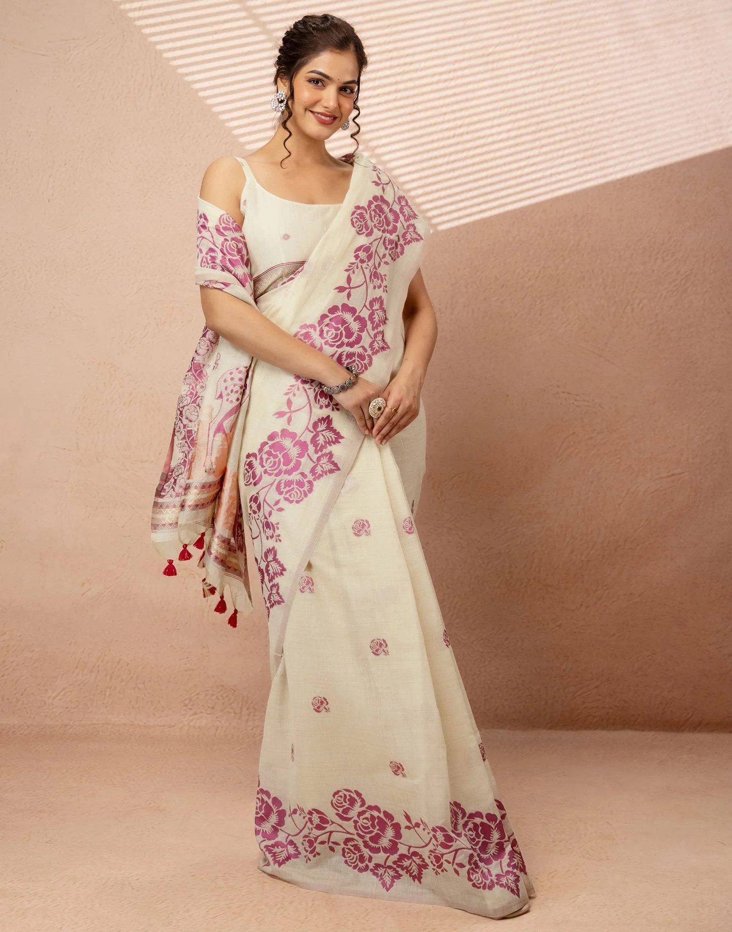 Beige Chanderi Cotton Woven Saree - Image 7