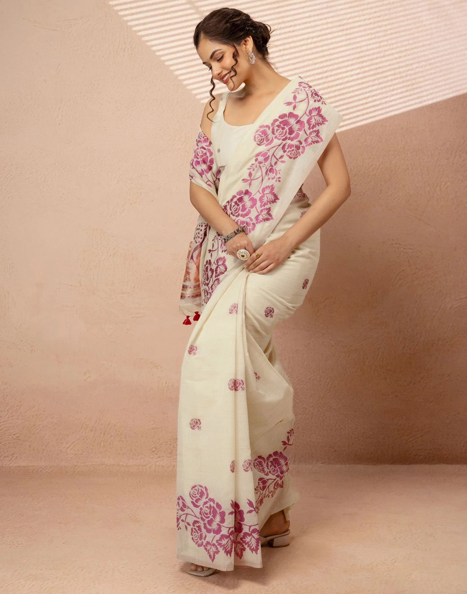 Beige Chanderi Cotton Woven Saree - Image 8