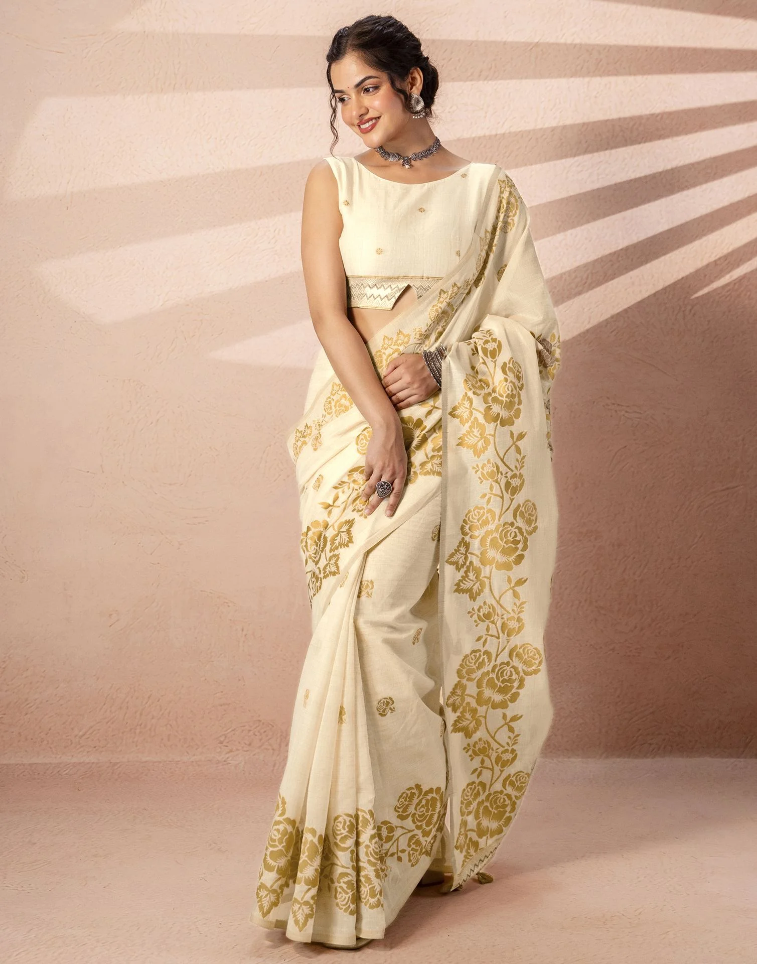 Beige Chanderi Cotton Woven Saree