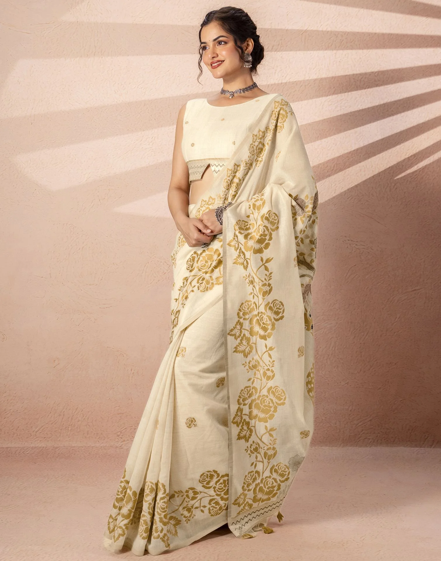 Beige Chanderi Cotton Woven Saree - Image 5