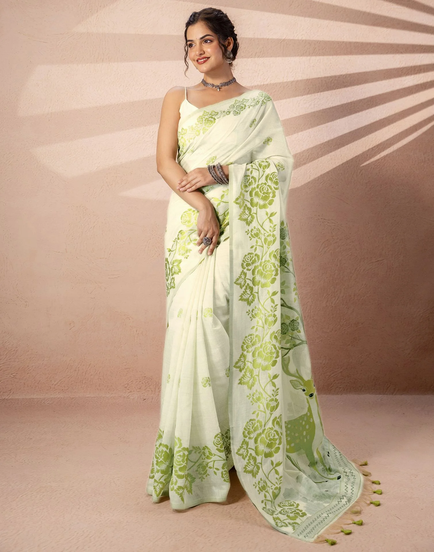 Beige Chanderi Cotton Woven Saree