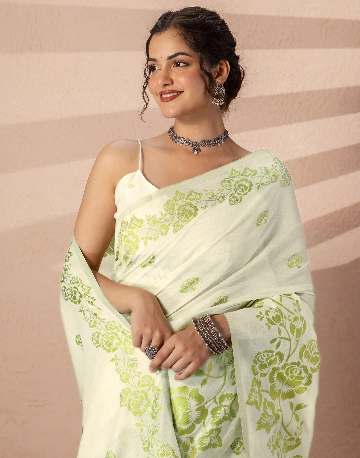 Beige Chanderi Cotton Woven Saree - Image 2
