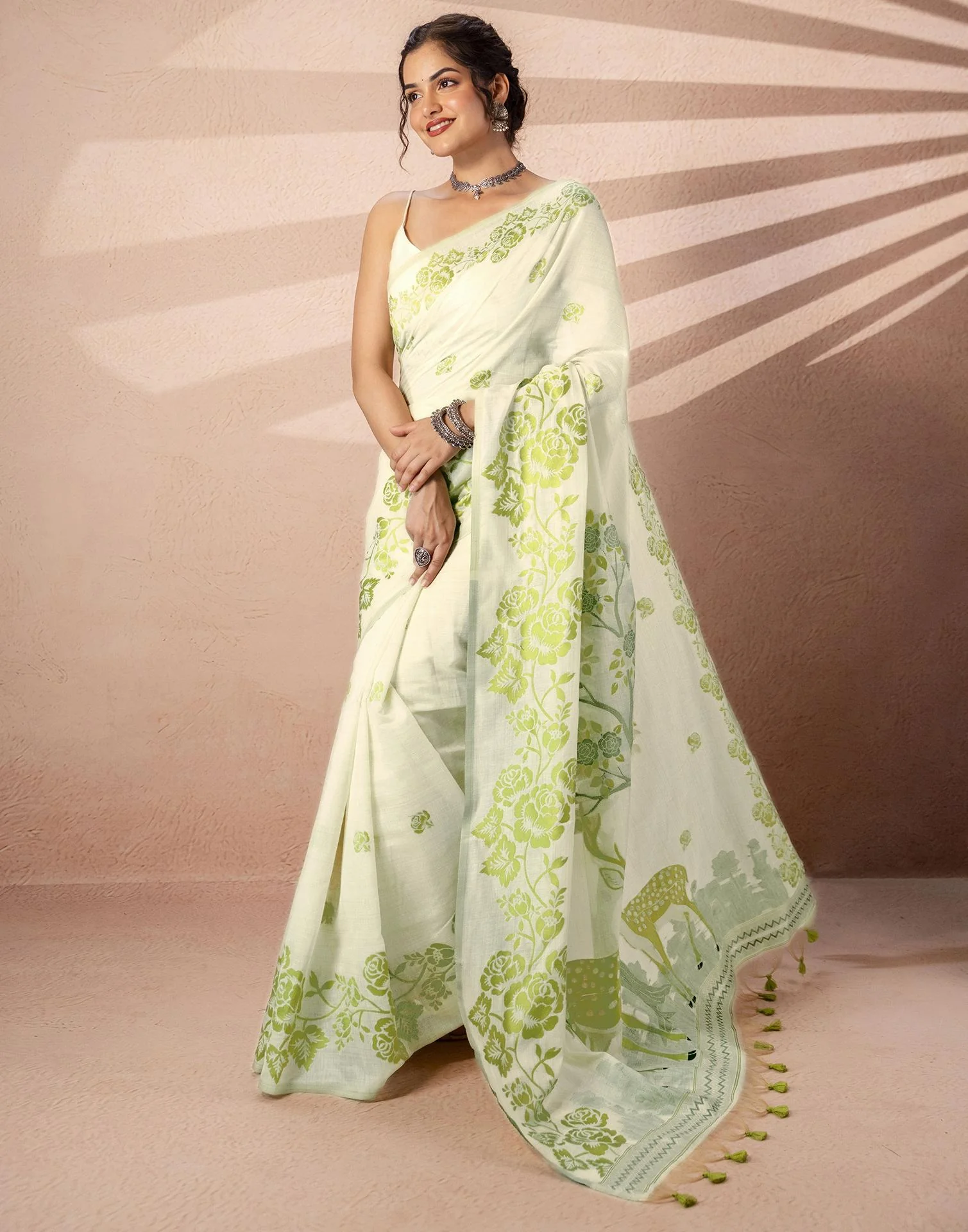 Beige Chanderi Cotton Woven Saree - Image 5