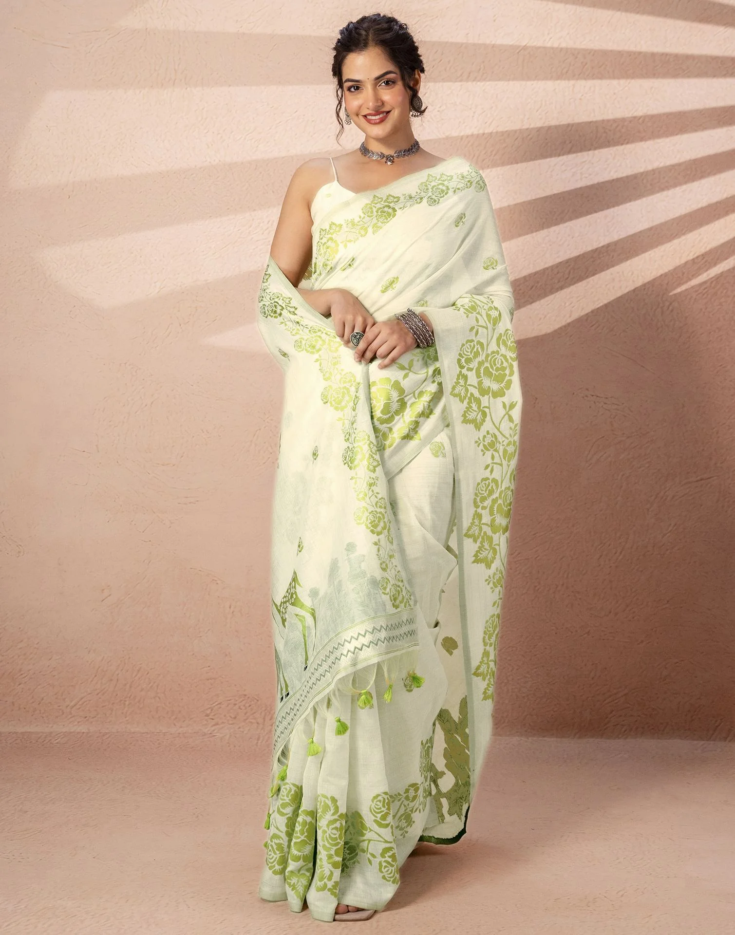Beige Chanderi Cotton Woven Saree - Image 8