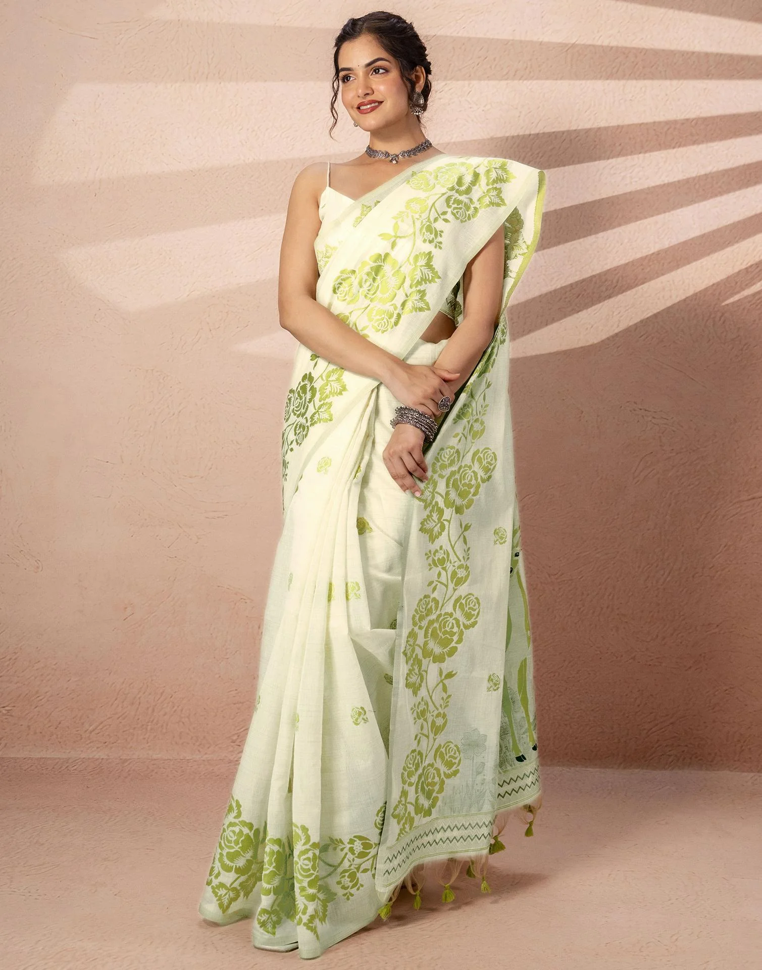 Beige Chanderi Cotton Woven Saree - Image 9