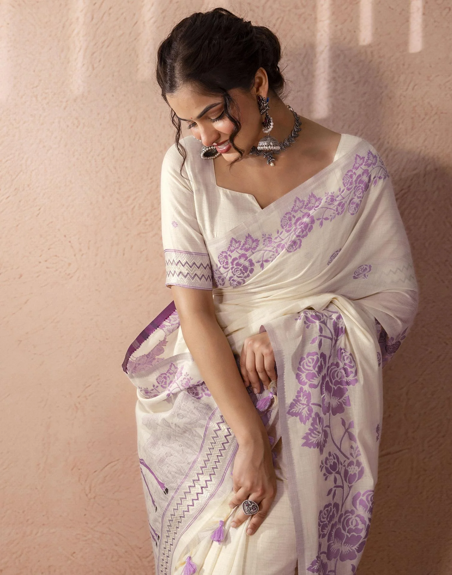 Beige Chanderi Cotton Woven Saree - Image 11