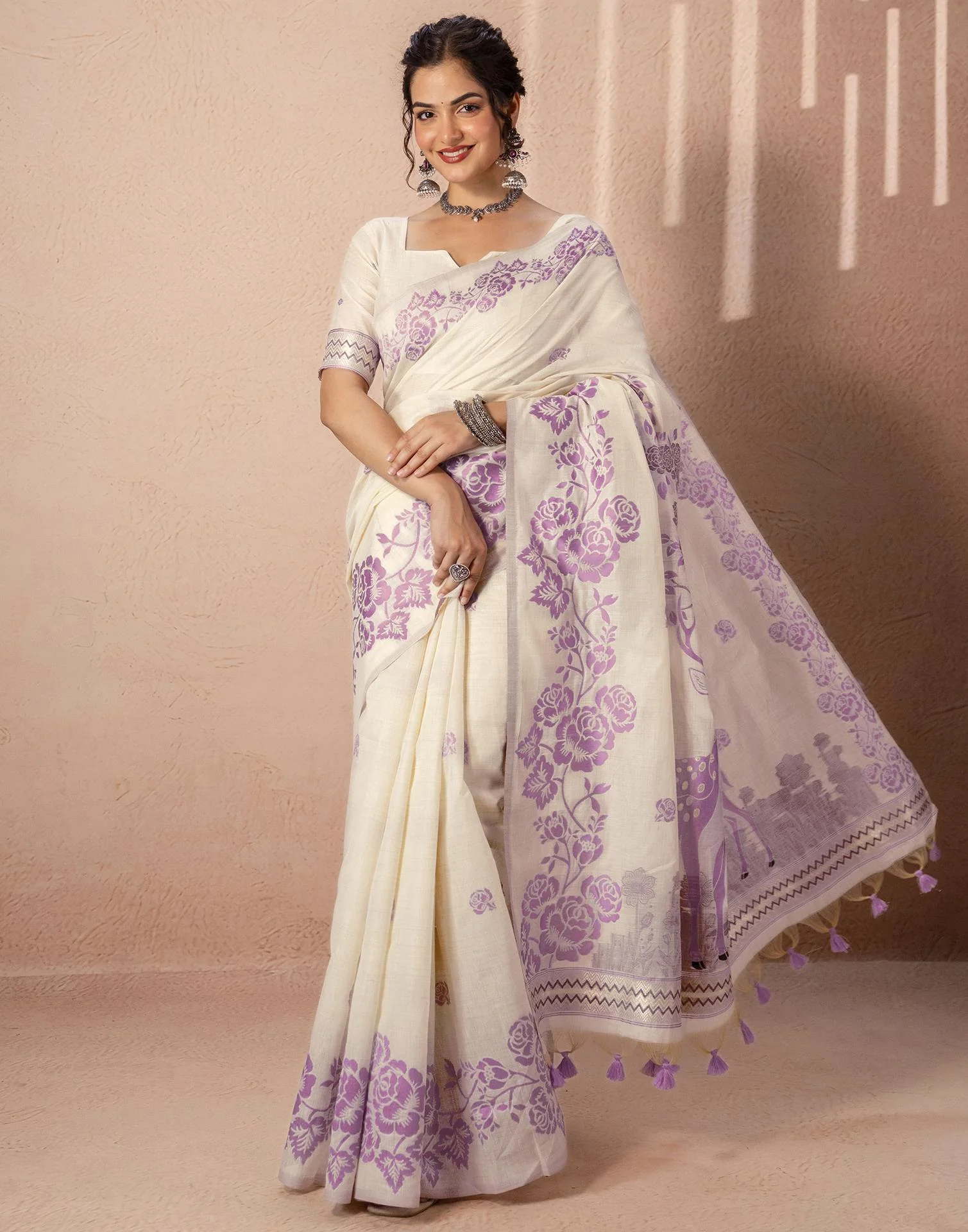 Beige Chanderi Cotton Woven Saree - Image 7