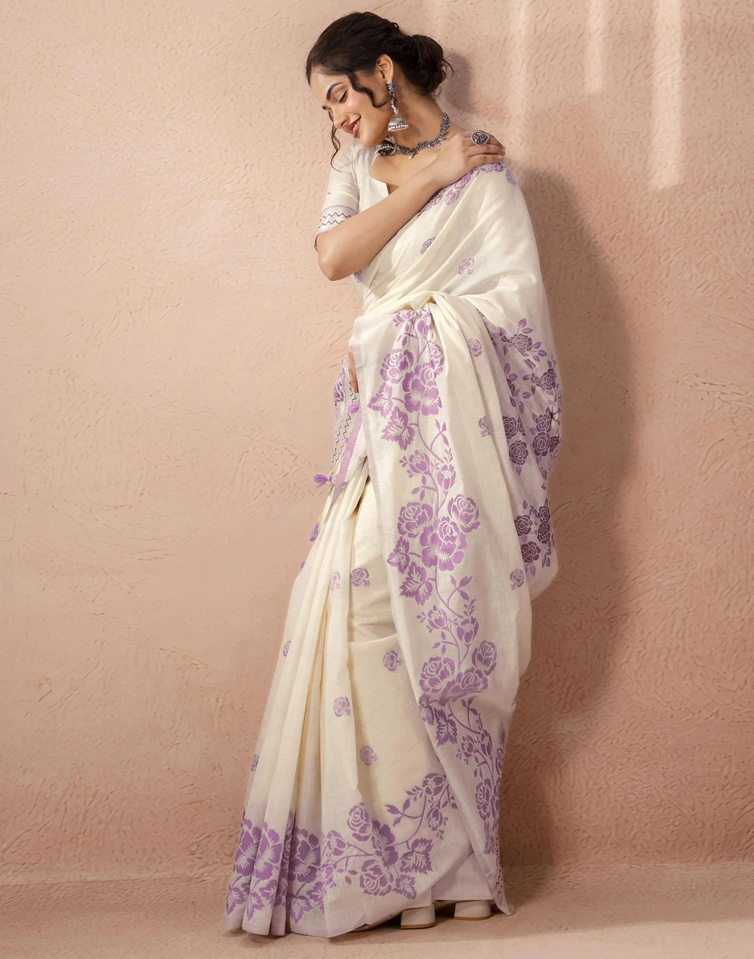 Beige Chanderi Cotton Woven Saree - Image 8