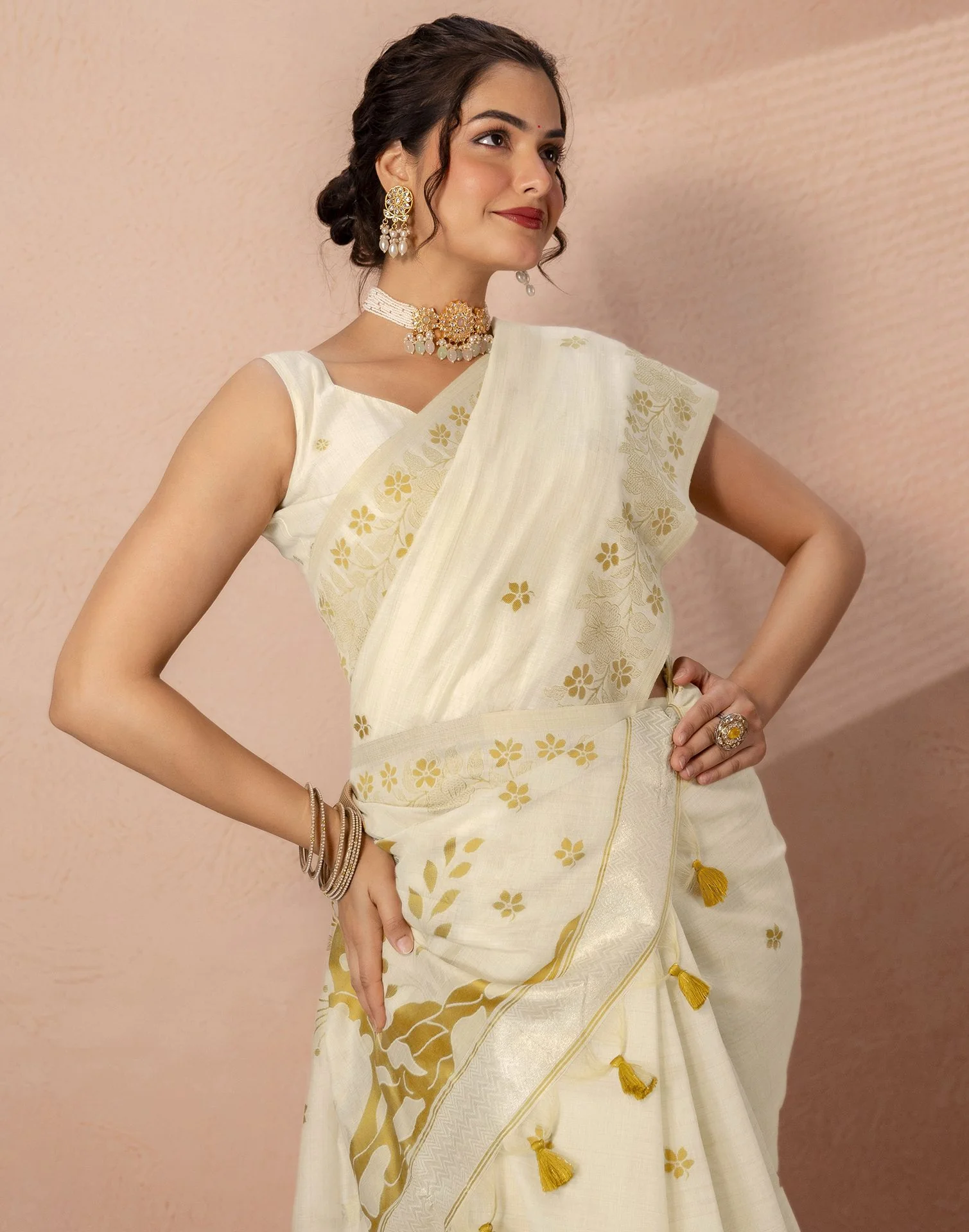 Beige Chanderi Cotton Woven Saree - Image 2