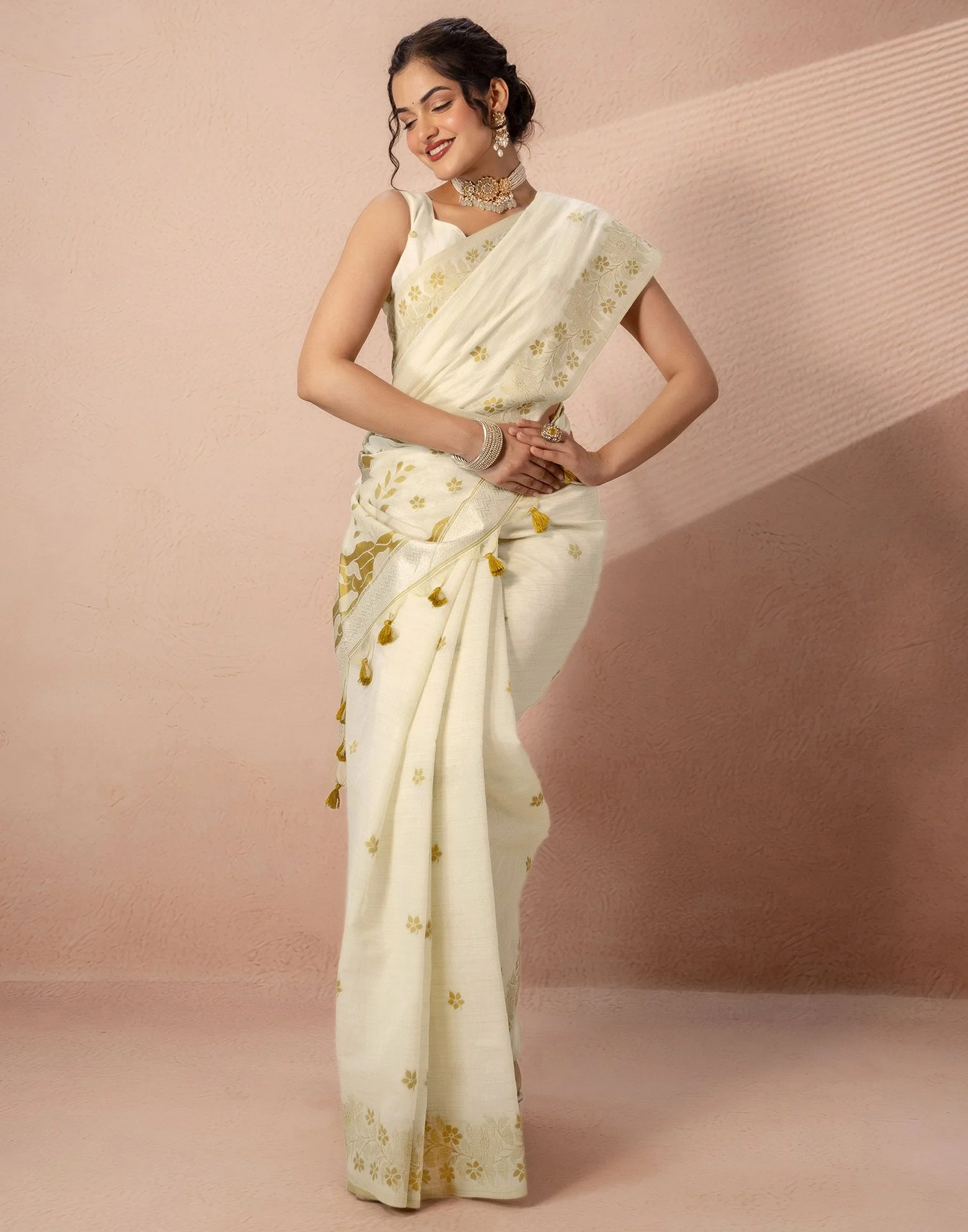 Beige Chanderi Cotton Woven Saree - Image 7